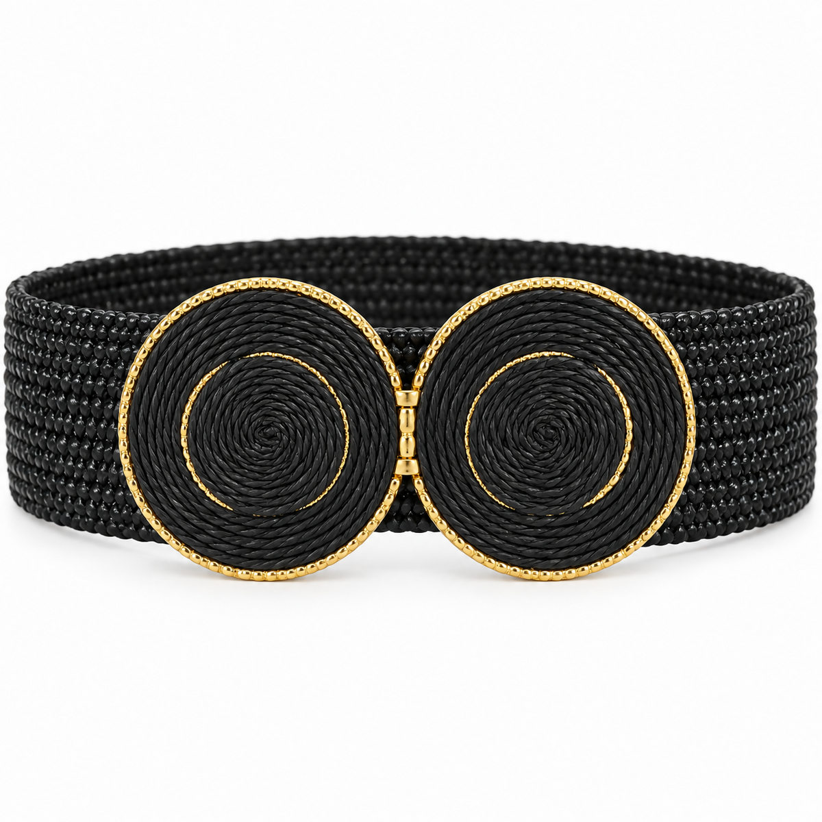 Women’s Wide Elastic Stretch Waist Belt, Double Round Buckle with Gold-Tone Details, Black