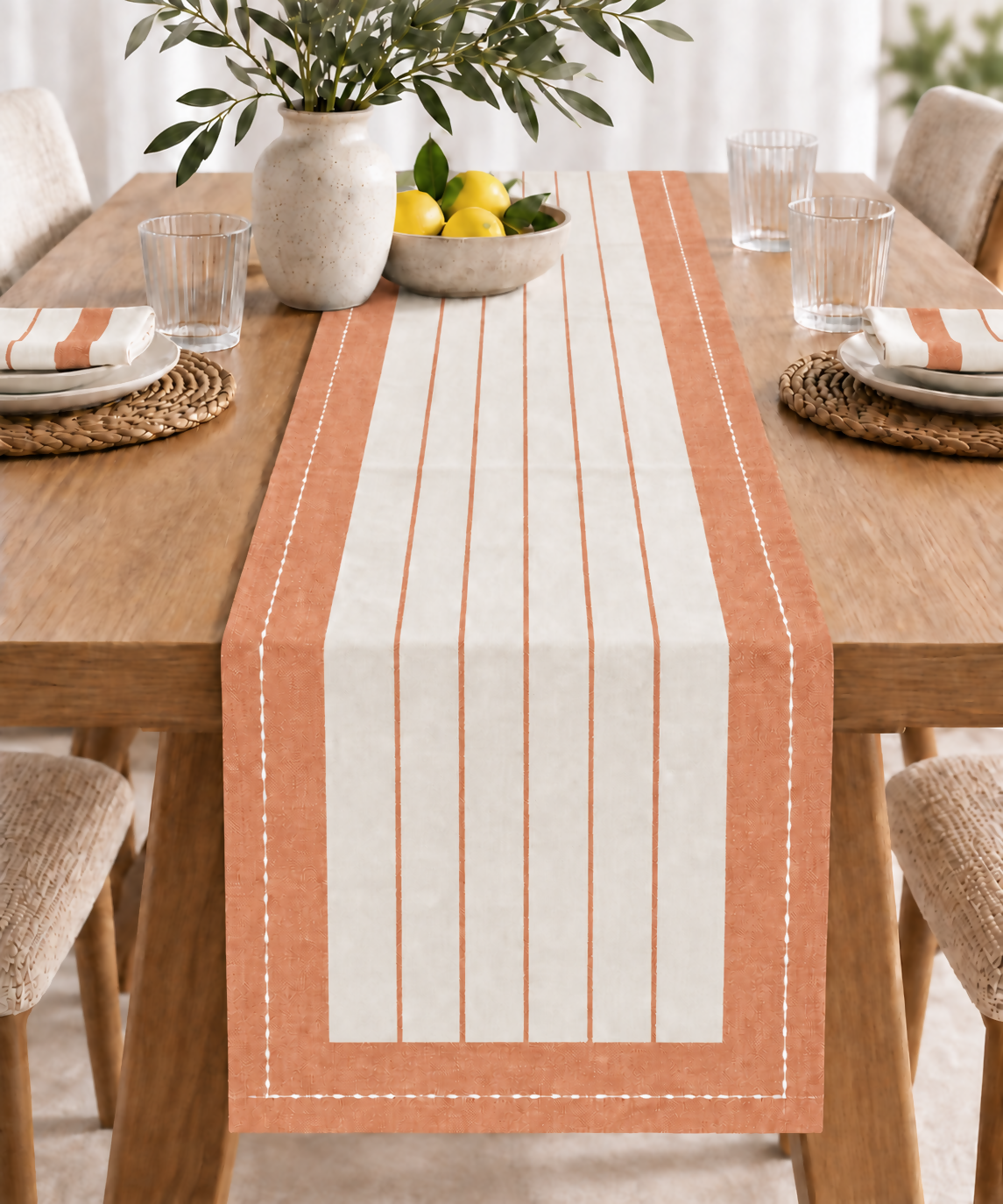 Terracotta & Ivory Striped Water-Repellent Turkish Cotton Table Runner – Coastal & Timeless Style
