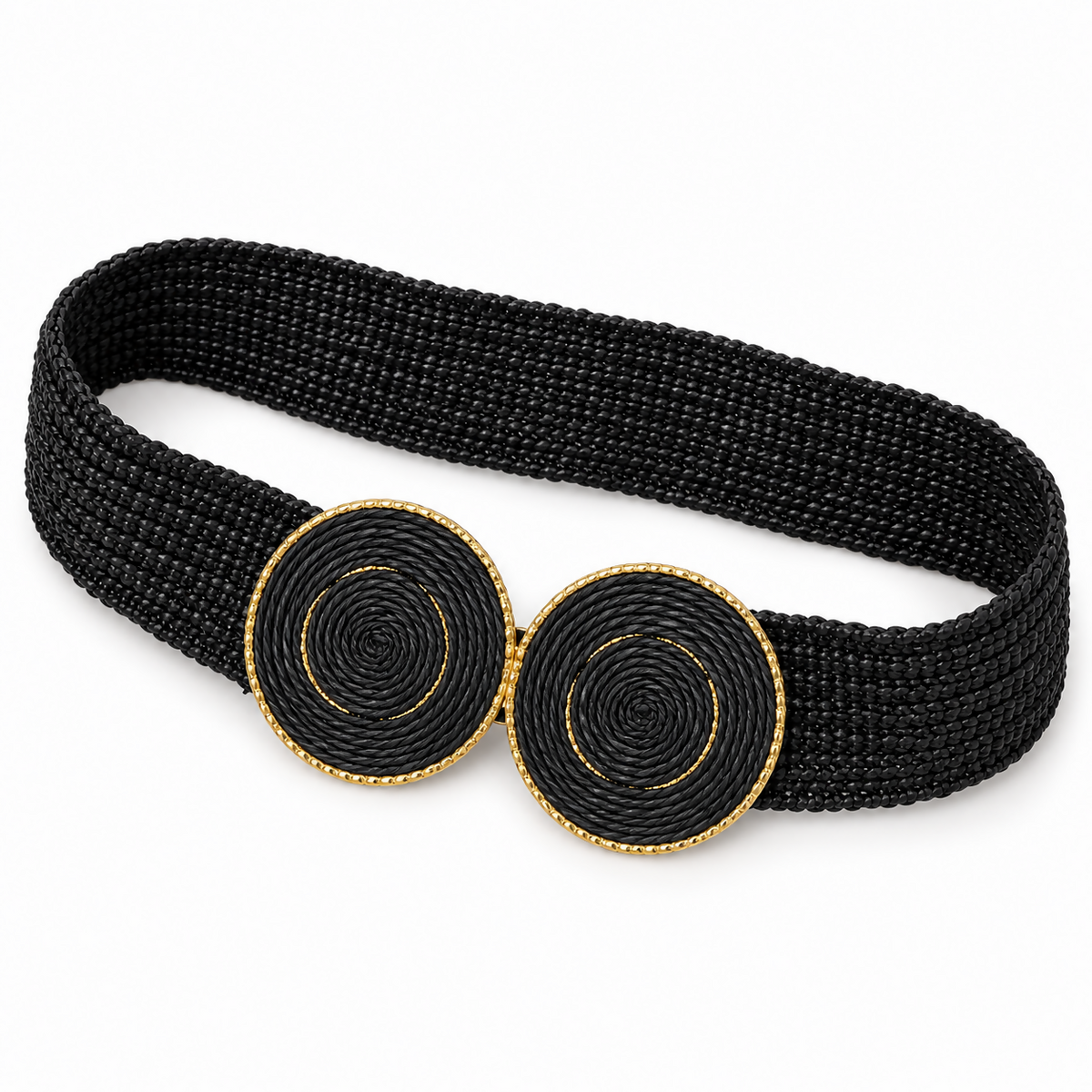 Women’s Wide Elastic Stretch Waist Belt, Double Round Buckle with Gold-Tone Details, Black