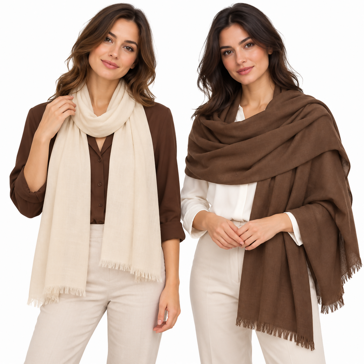 Women’s Lightweight Scarf Set, 2-Pack – Ecru & Brown, 71 × 25 in