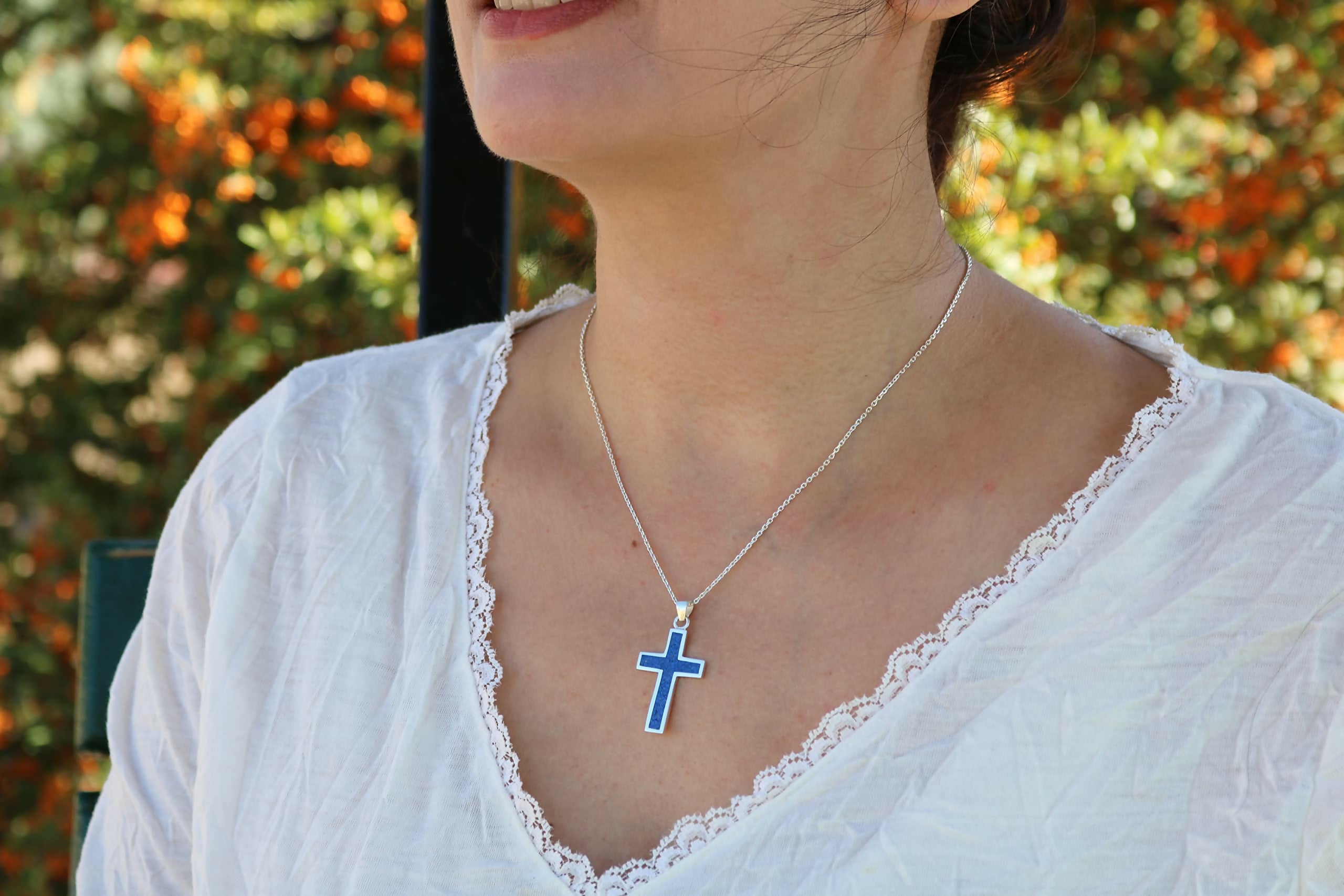 Sterling Silver .925 Navy Blue Lapis Lazuli Cross Small Handmade Pendant Necklace for Women & Men with 18+2'' Extender Chain