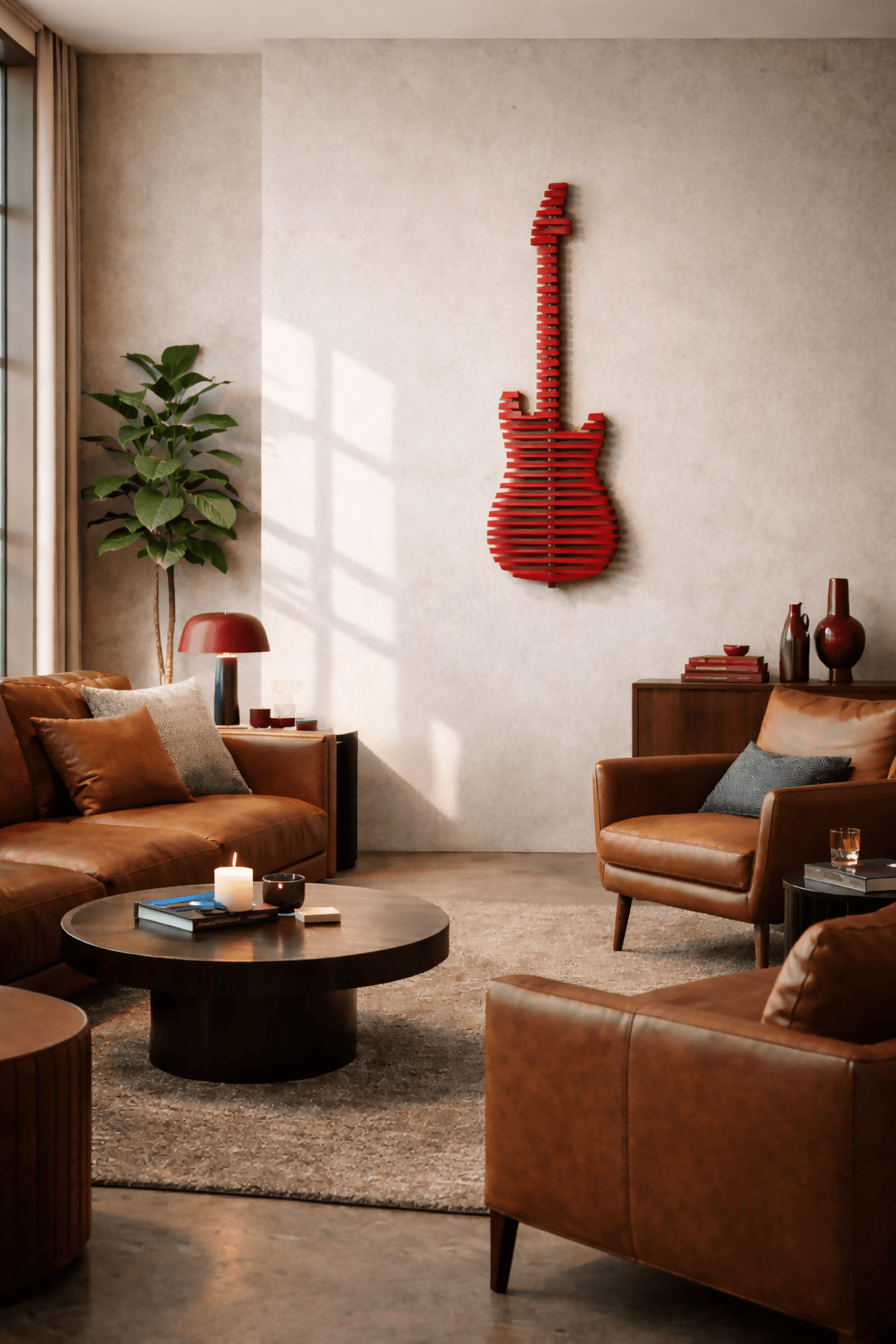 Parametric 3D Guitar Red Wall Decor Modern Sculptural Wall Art Contemporary Architectural Wall Decor for Living Room, Office & Commercial Interiors - Wear Sierra