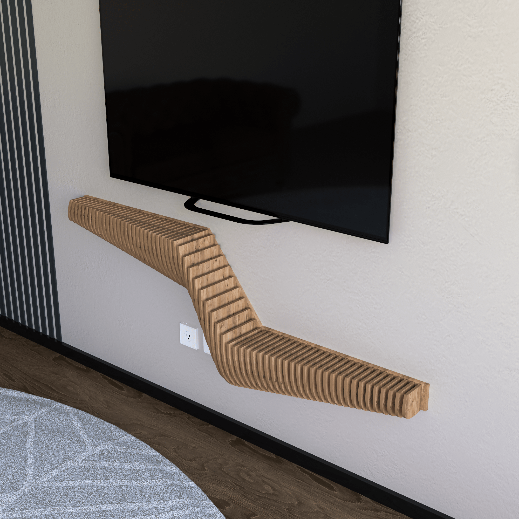 Parametric 57 inch Floating Shelf TV Unit Modern Geometric Wooden Wall Piece Decor Natural Oak Color 3D Wavy Living and Gaming Room Shelf - Wear Sierra