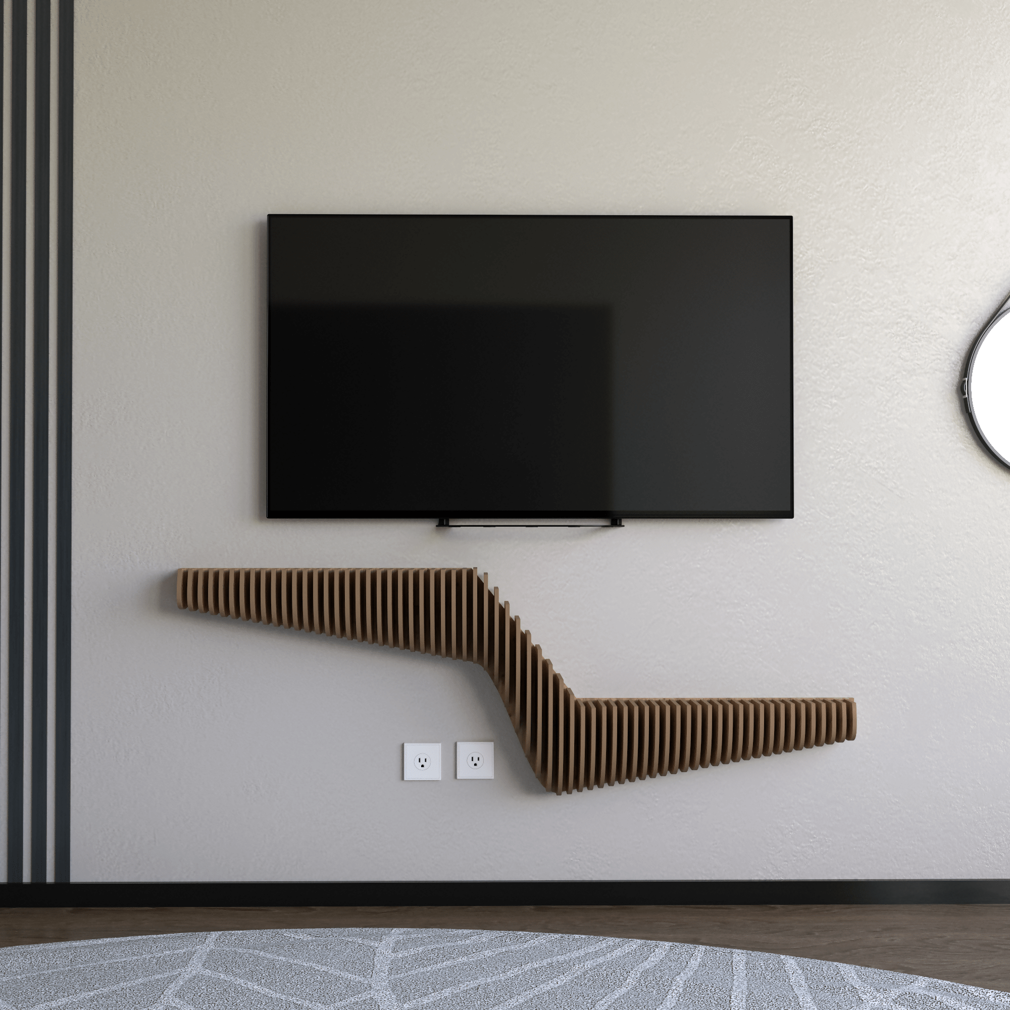 Parametric 57 inch Floating Shelf TV Unit Modern Geometric Wooden Wall Piece Decor Natural Oak Color 3D Wavy Living and Gaming Room Shelf - Wear Sierra