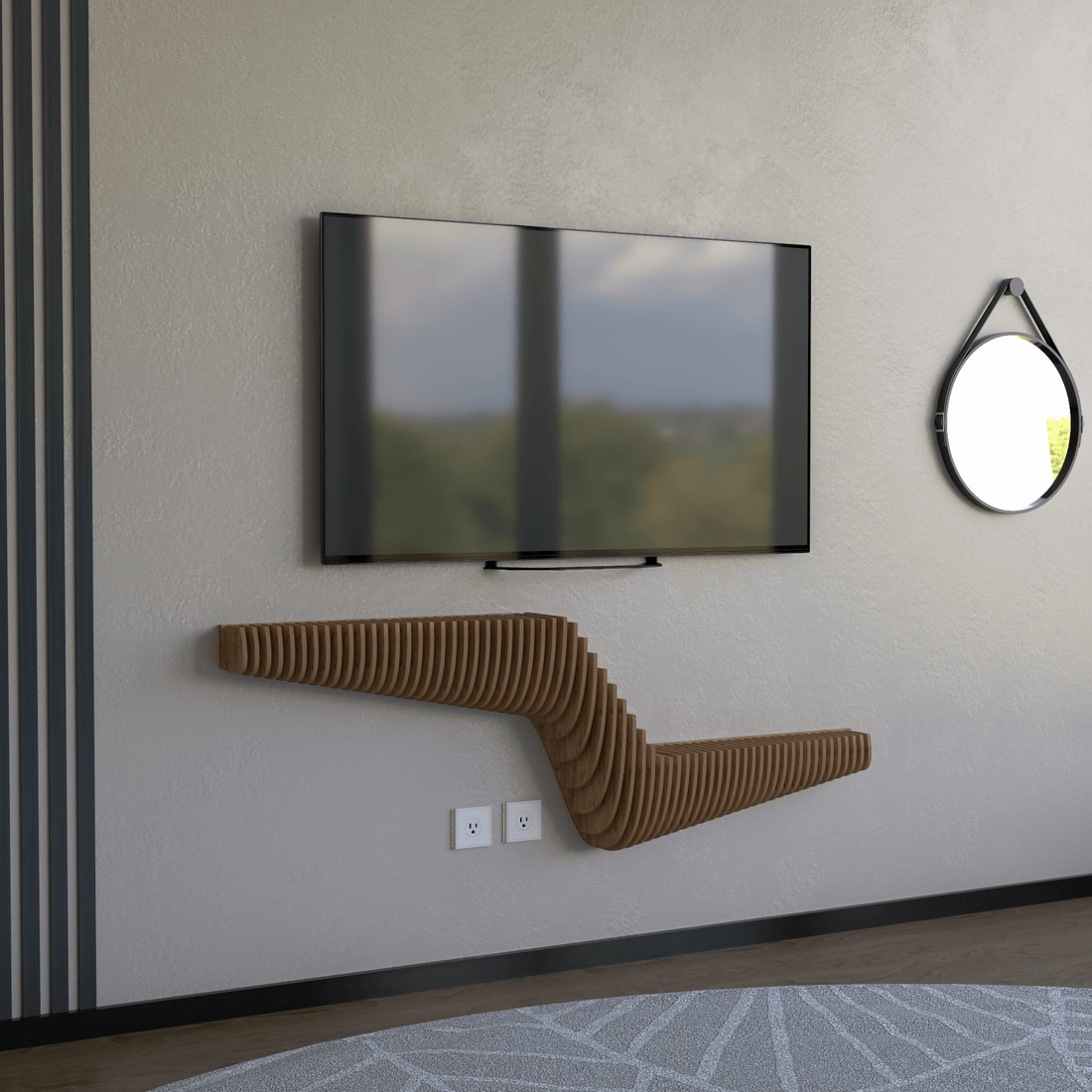 Parametric 57 inch Floating Shelf TV Unit Modern Geometric Wooden Wall Piece Decor Natural Oak Color 3D Wavy Living and Gaming Room Shelf - Wear Sierra