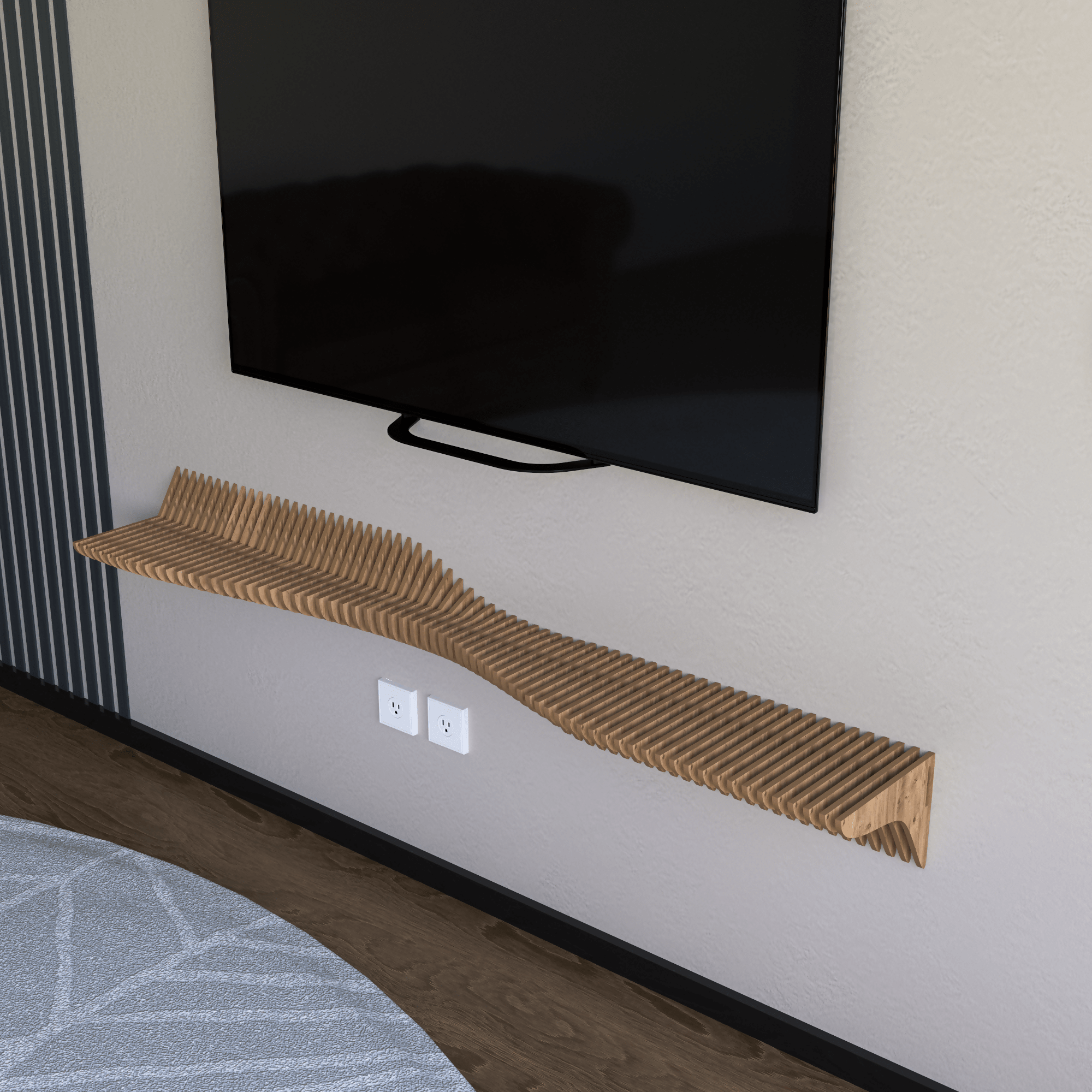 Parametric 60 inch Floating Shelf TV Unit Modern Geometric Wooden Wall Piece Decor Natural Oak Color 3D Wavy Living and Gaming Room Shelf - Wear Sierra