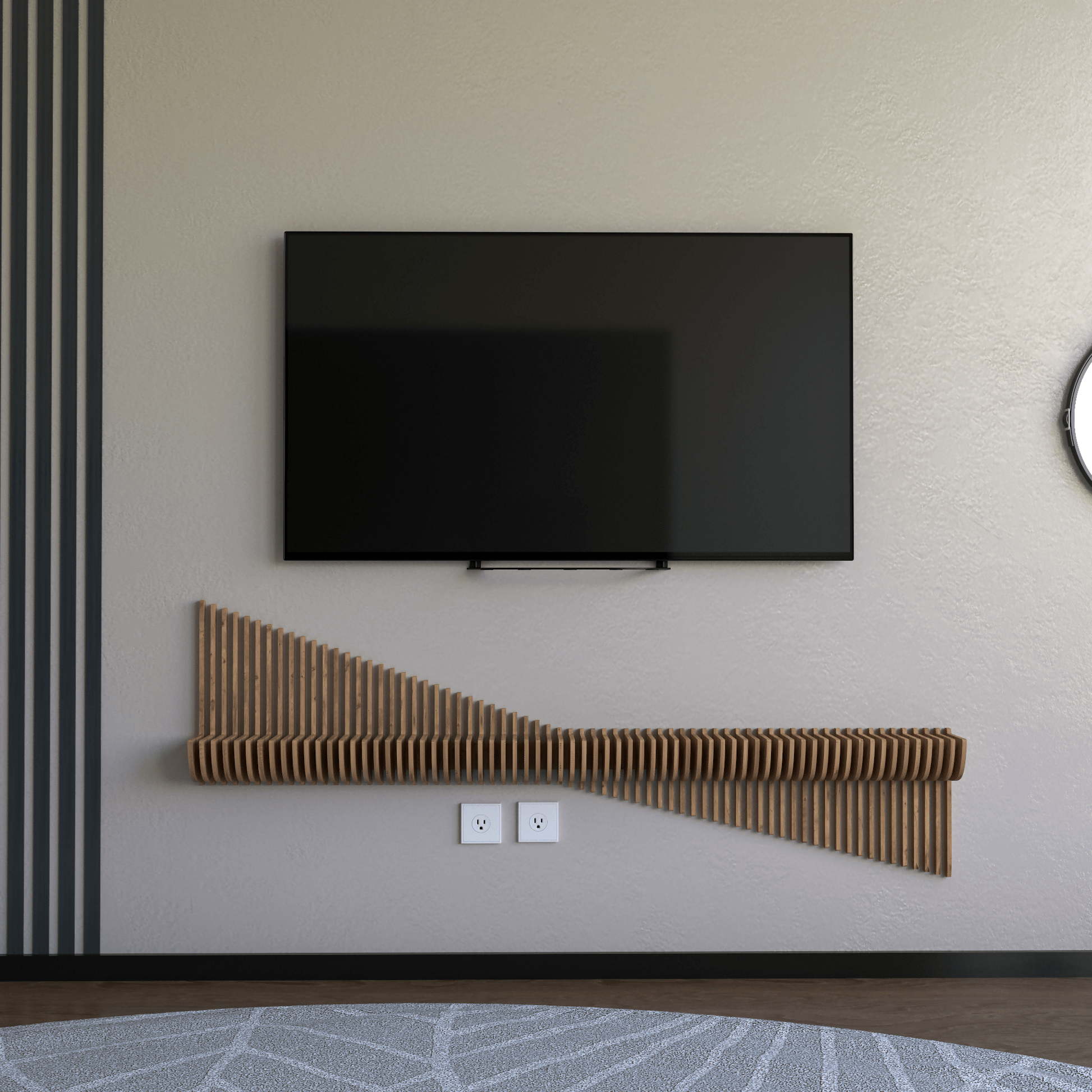 Parametric 60 inch Floating Shelf TV Unit Modern Geometric Wooden Wall Piece Decor Natural Oak Color 3D Wavy Living and Gaming Room Shelf - Wear Sierra
