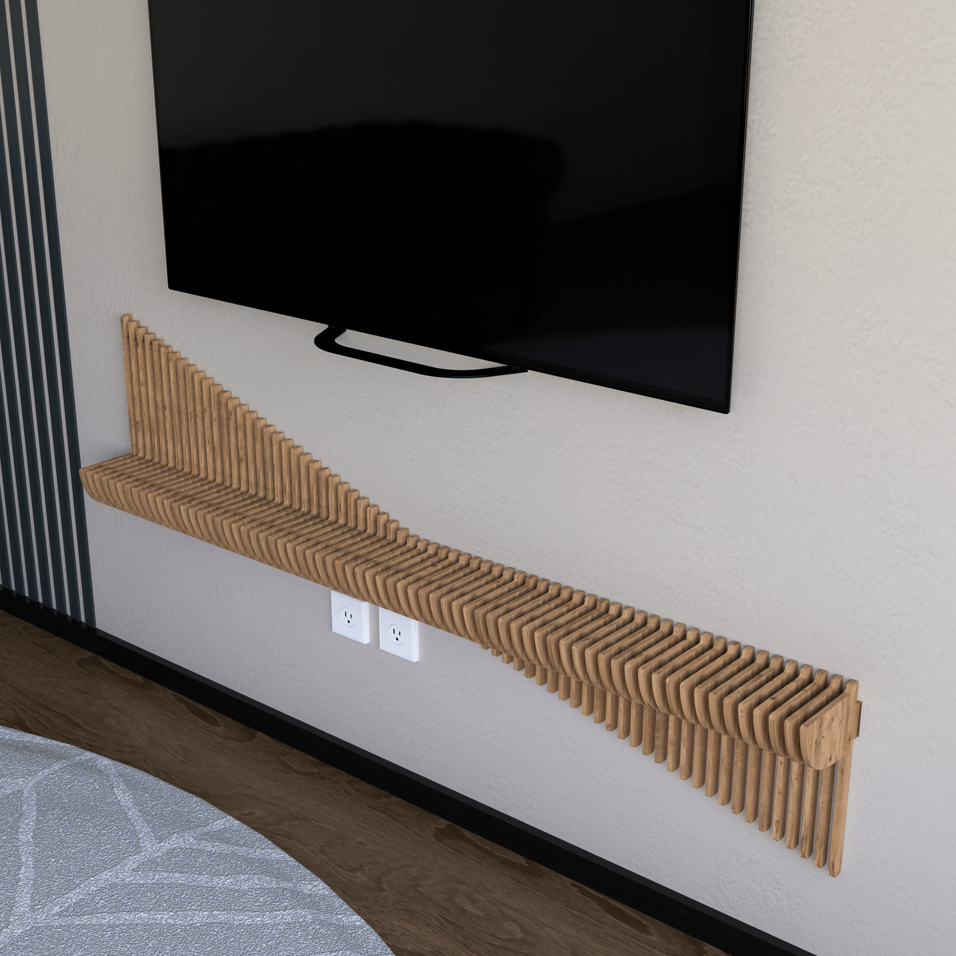 Parametric 60 inch Floating Shelf TV Unit Modern Geometric Wooden Wall Piece Decor Natural Oak Color 3D Wavy Living and Gaming Room Shelf - Wear Sierra