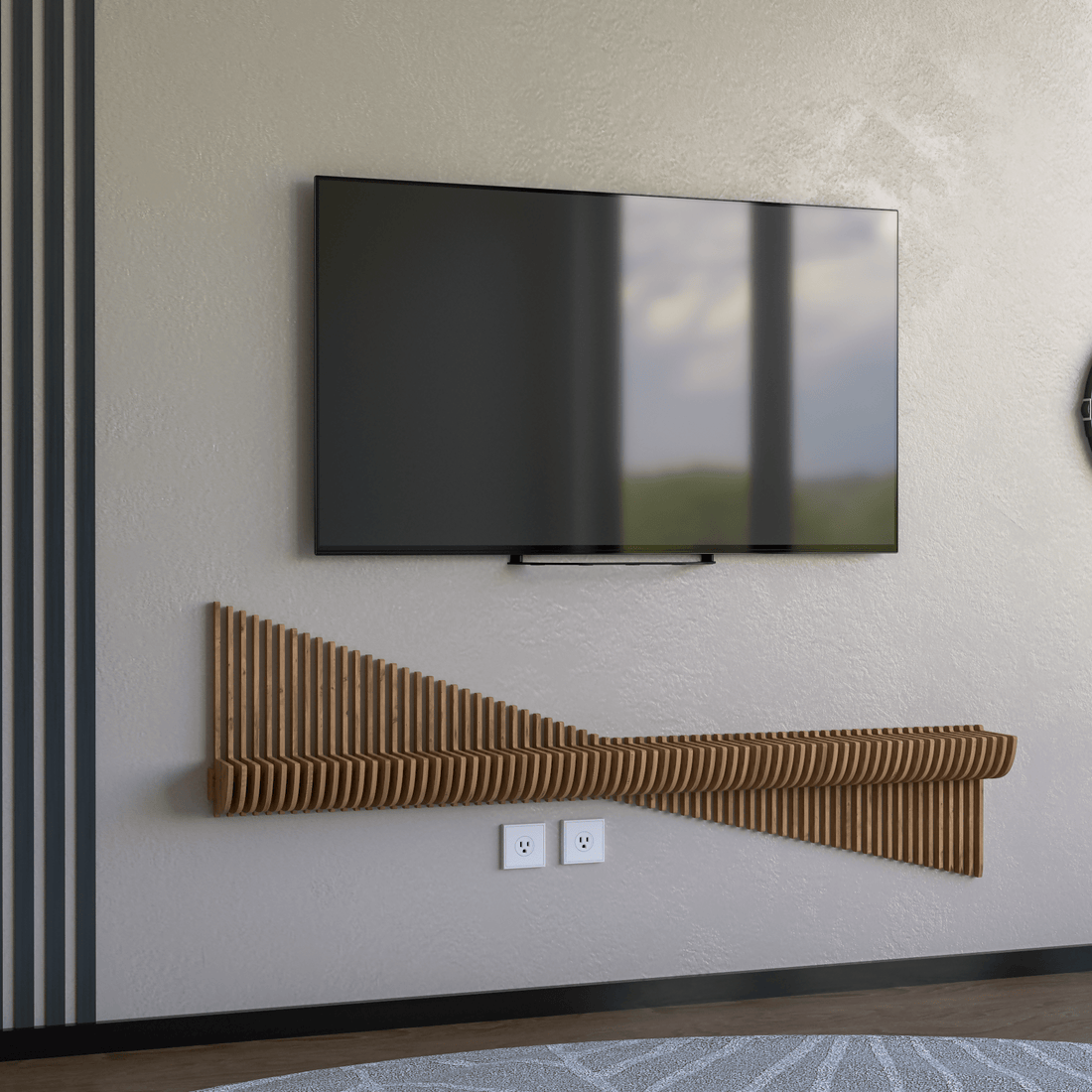 Parametric 60 inch Floating Shelf TV Unit Modern Geometric Wooden Wall Piece Decor Natural Oak Color 3D Wavy Living and Gaming Room Shelf - Wear Sierra