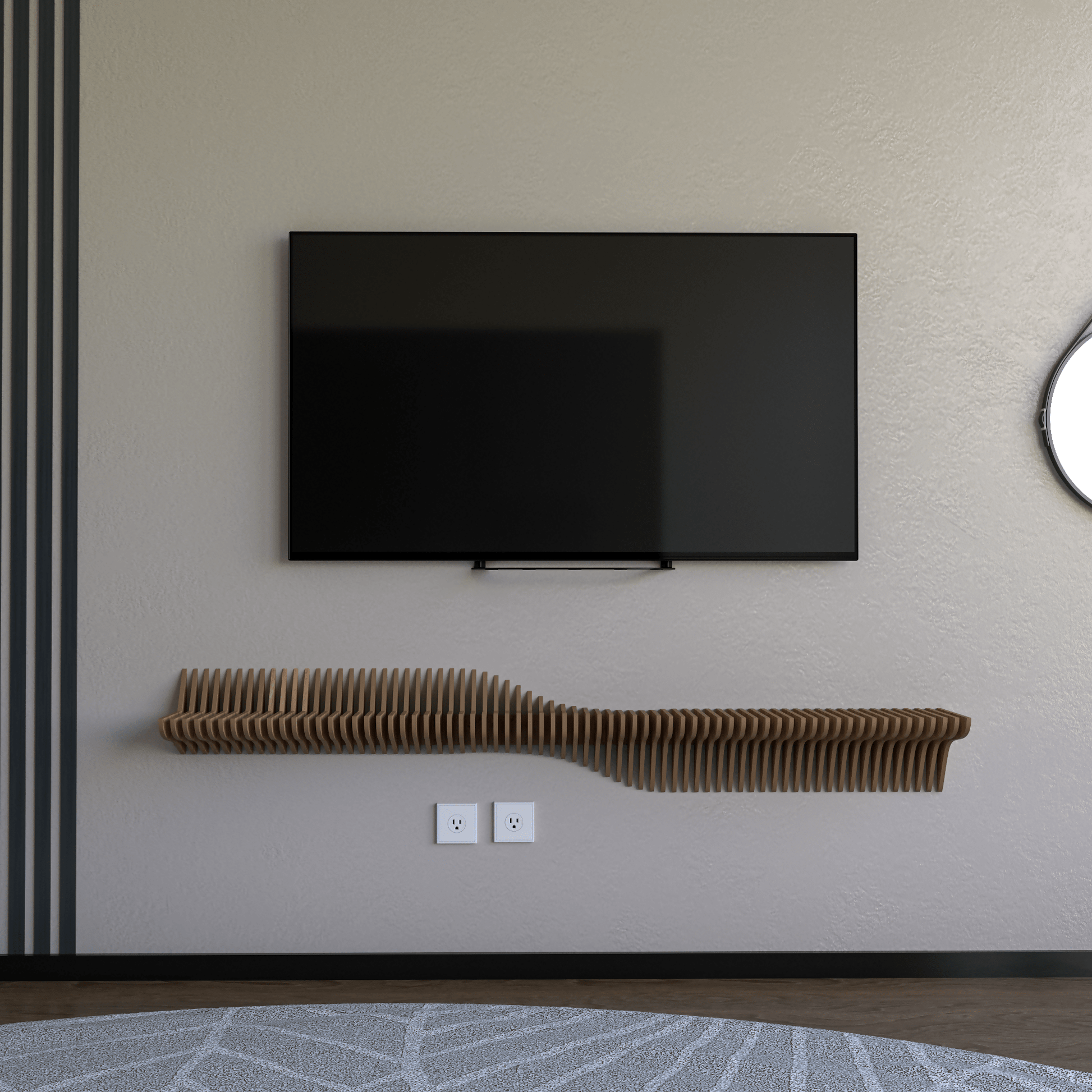 Parametric 60 inch Floating Shelf TV Unit Modern Geometric Wooden Wall Piece Decor Natural Oak Color 3D Wavy Living and Gaming Room Shelf - Wear Sierra