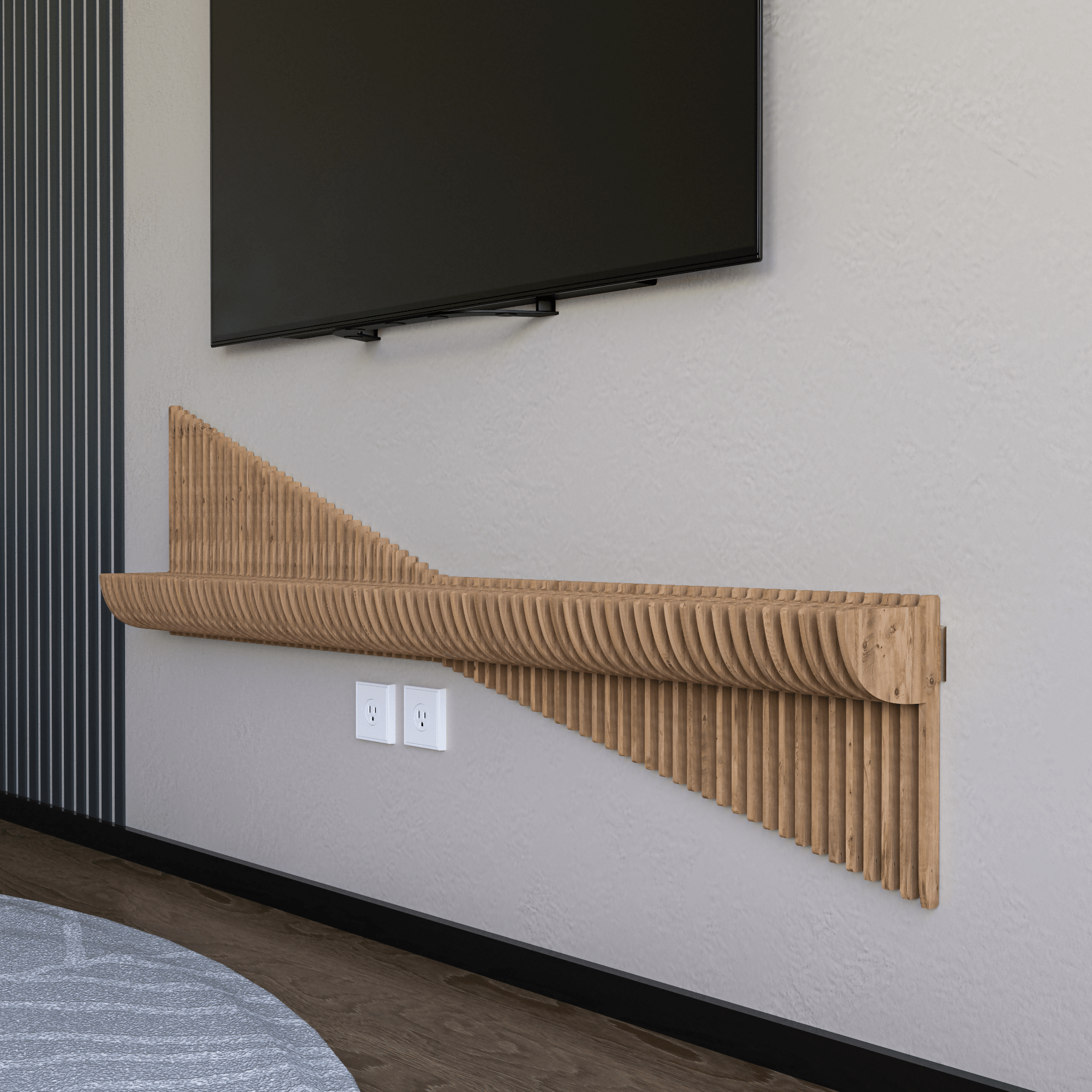 Parametric 60 inch Floating Shelf TV Unit Modern Geometric Wooden Wall Piece Decor Natural Oak Color 3D Wavy Living and Gaming Room Shelf - Wear Sierra