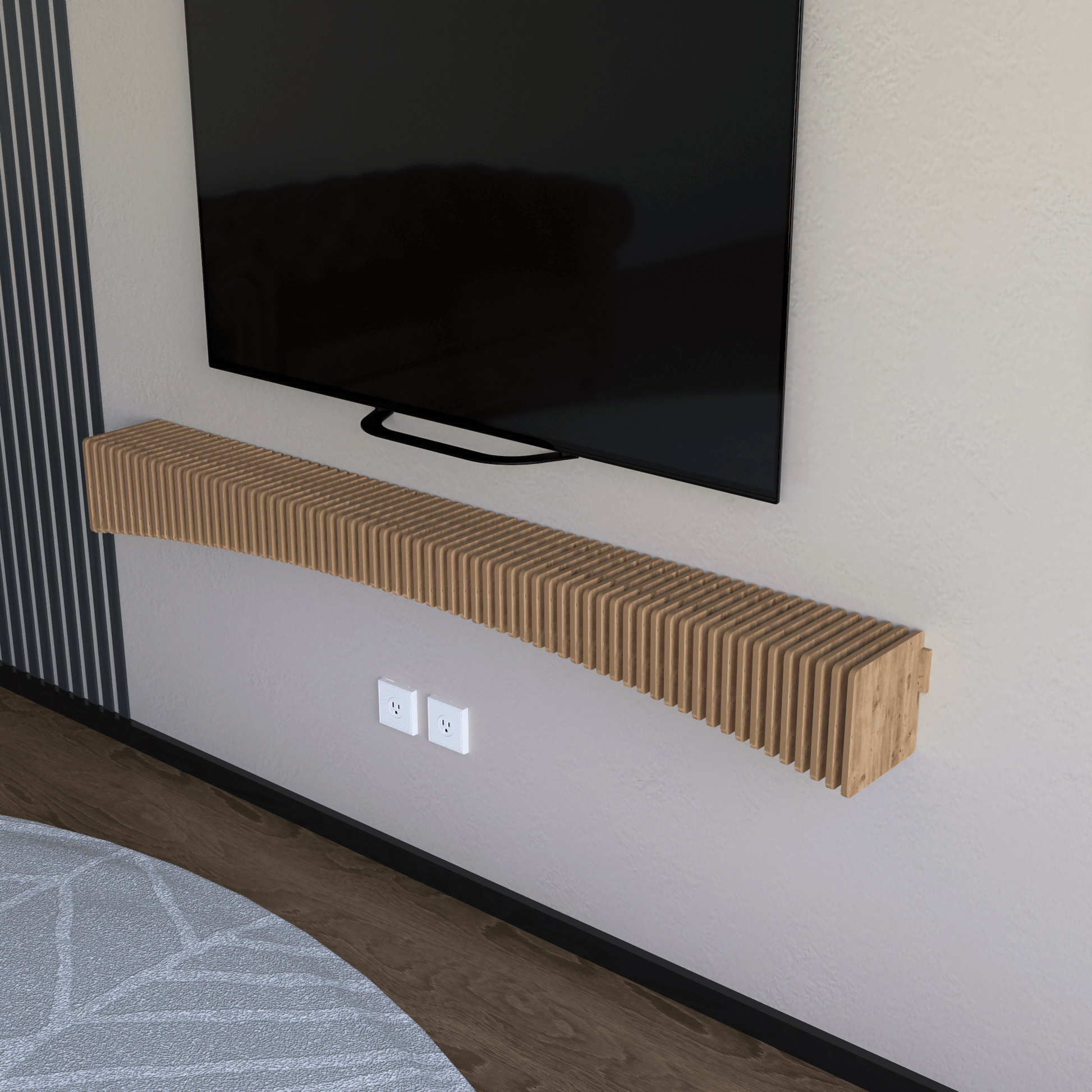 Parametric 60 inch Floating Shelf TV Unit Modern Geometric Wooden Wall Piece Decor Natural Oak Color 3D Wavy Living and Gaming Room Shelf - Wear Sierra