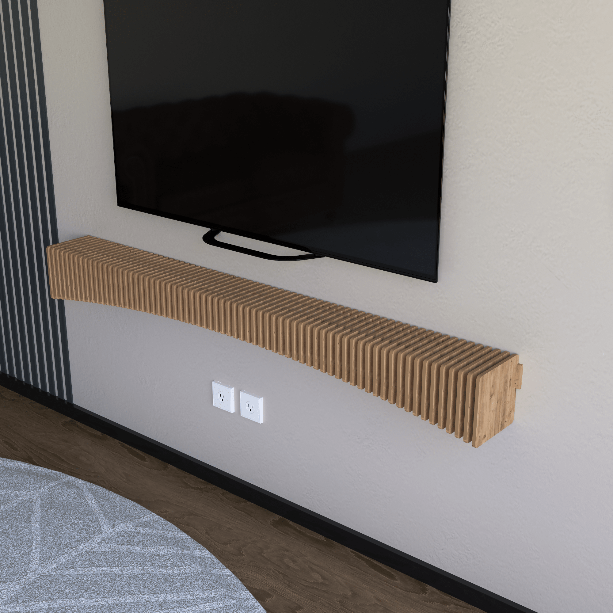 Parametric 60 inch Floating Shelf TV Unit Modern Geometric Wooden Wall Piece Decor Natural Oak Color 3D Wavy Living and Gaming Room Shelf - Wear Sierra
