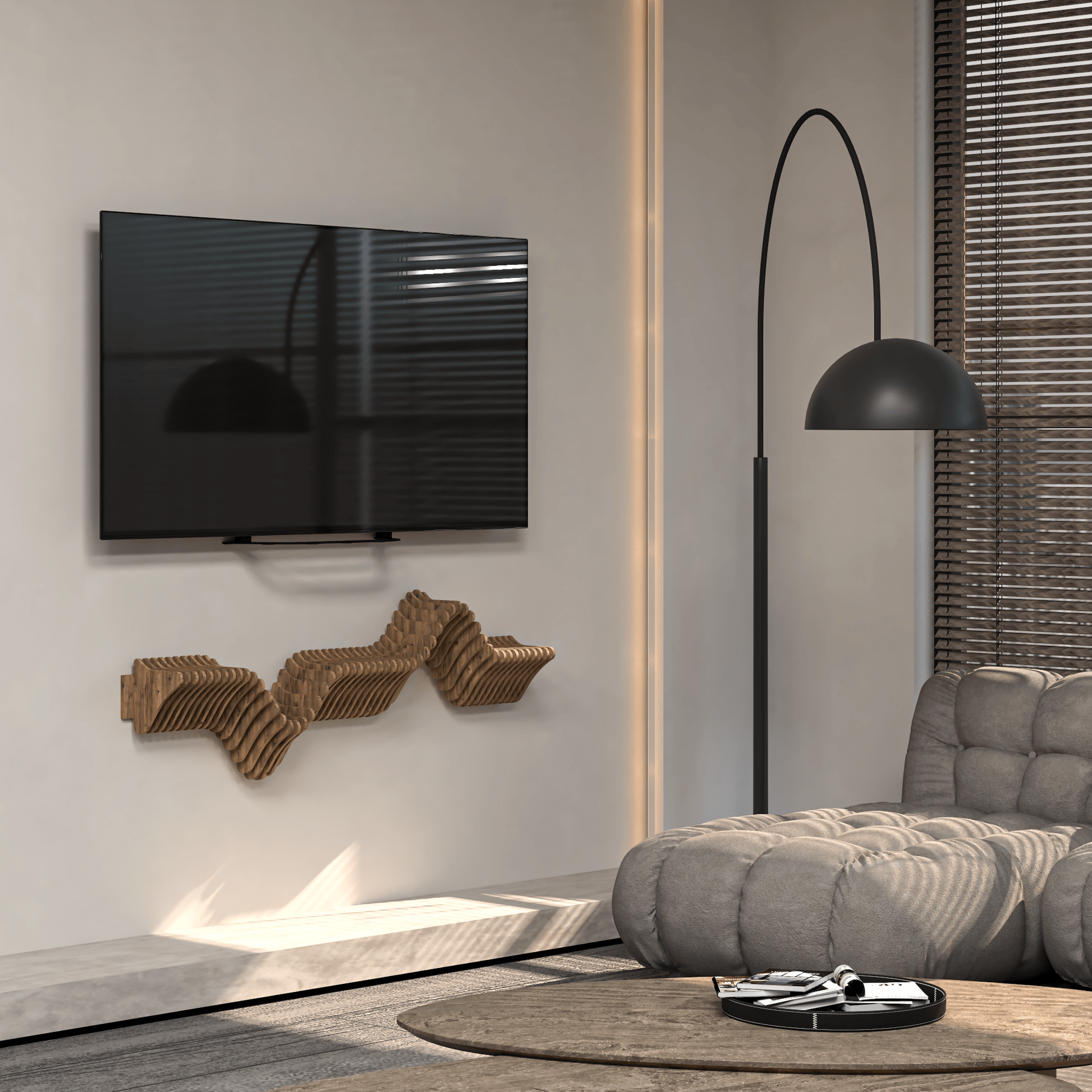 Parametric 63" Floating Shelf TV Unit Modern Geometric Wooden Wall Piece Decor Natural Oak Color 3D Wavy Living and Gaming Room Shelf - Wear Sierra