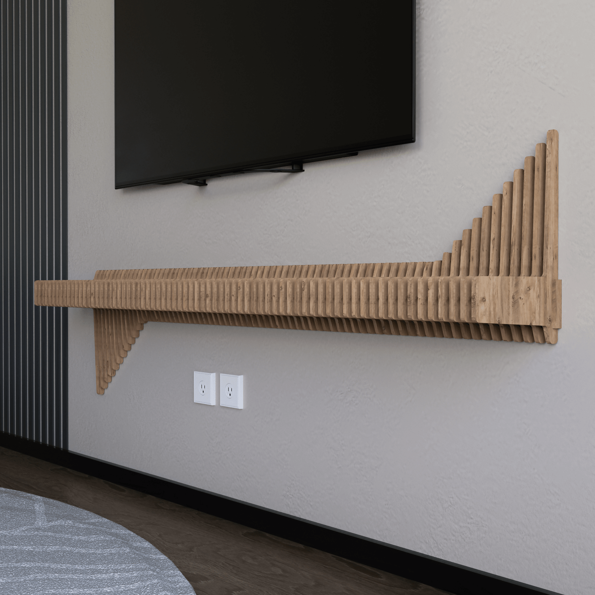 Parametric 65 inch Floating Shelf TV Unit Modern Geometric Wooden Wall Piece Decor Natural Oak Color 3D Wavy Living and Gaming Room Shelf - Wear Sierra
