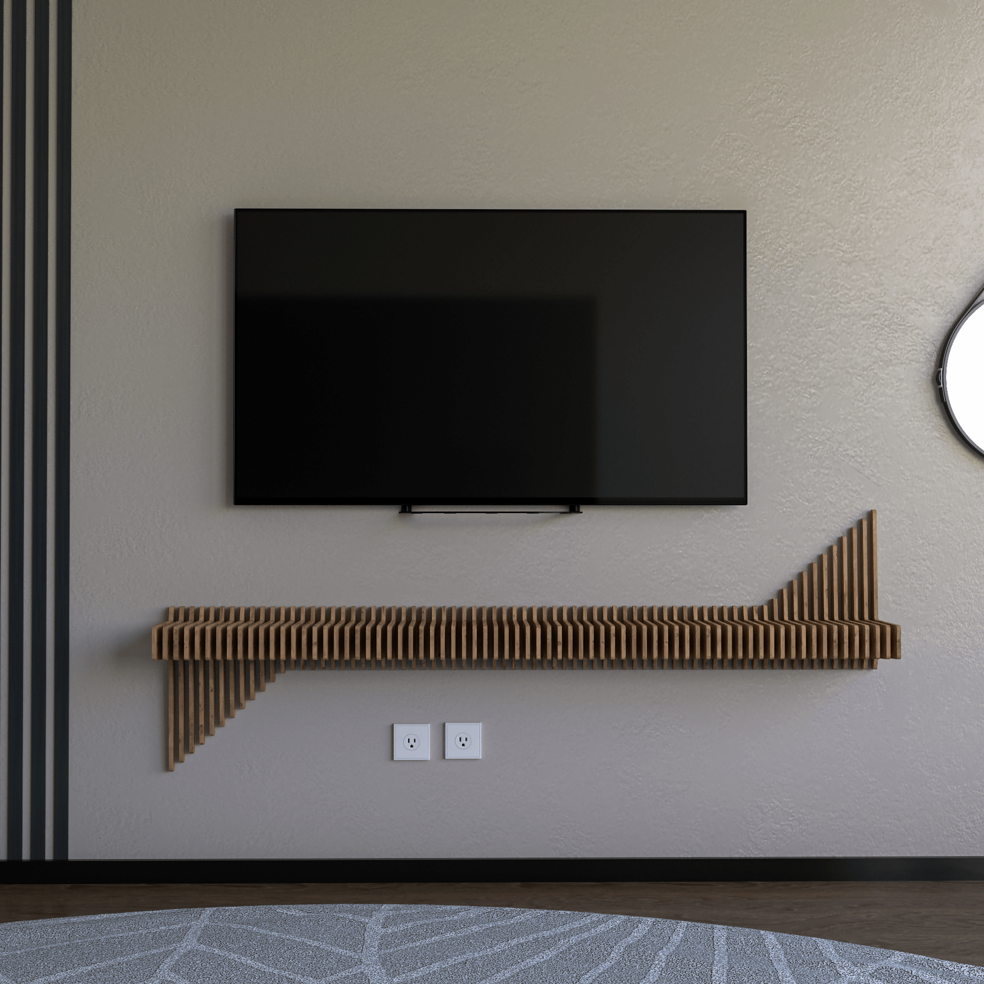 Parametric 65 inch Floating Shelf TV Unit Modern Geometric Wooden Wall Piece Decor Natural Oak Color 3D Wavy Living and Gaming Room Shelf - Wear Sierra