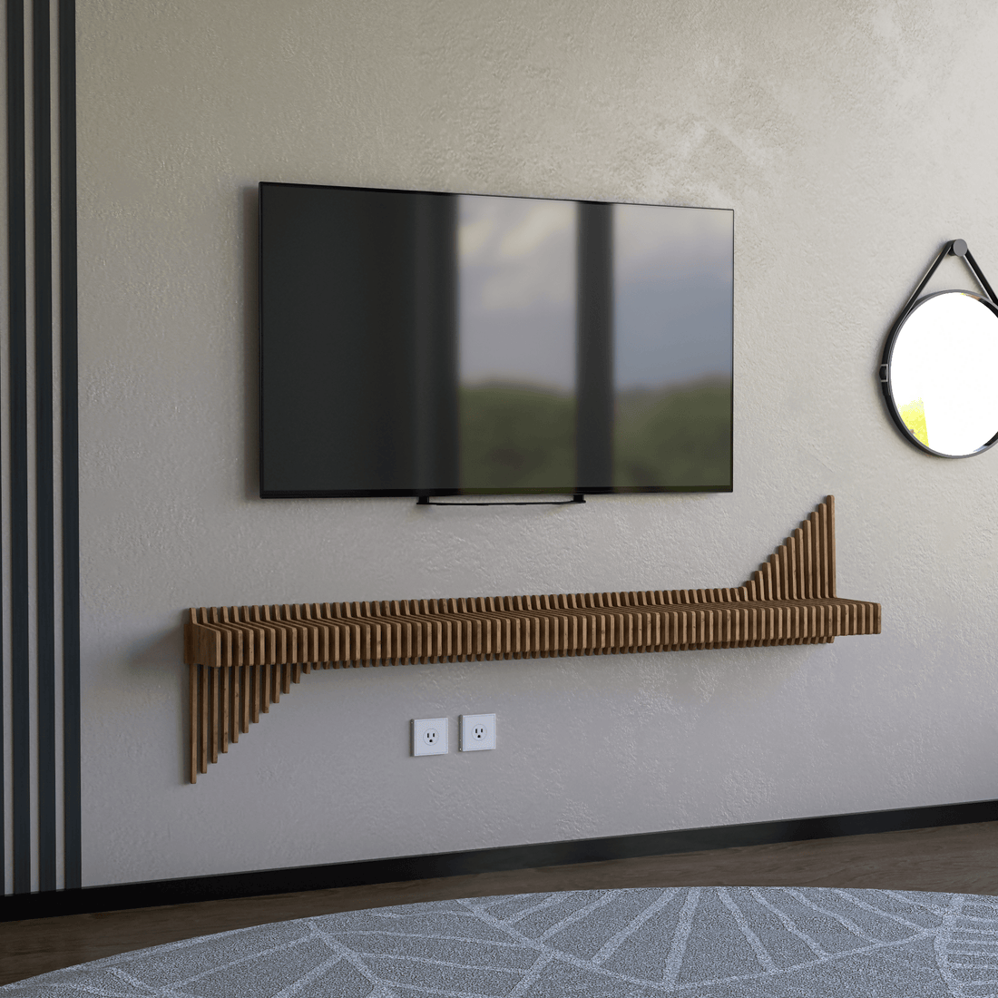 Parametric 65 inch Floating Shelf TV Unit Modern Geometric Wooden Wall Piece Decor Natural Oak Color 3D Wavy Living and Gaming Room Shelf - Wear Sierra