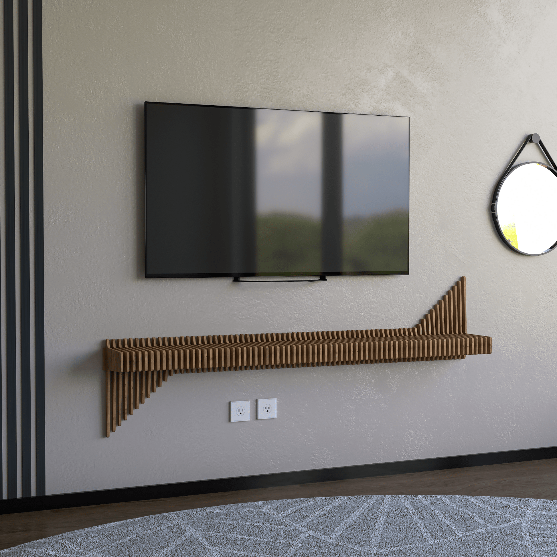 Parametric 65 inch Floating Shelf TV Unit Modern Geometric Wooden Wall Piece Decor Natural Oak Color 3D Wavy Living and Gaming Room Shelf - Wear Sierra