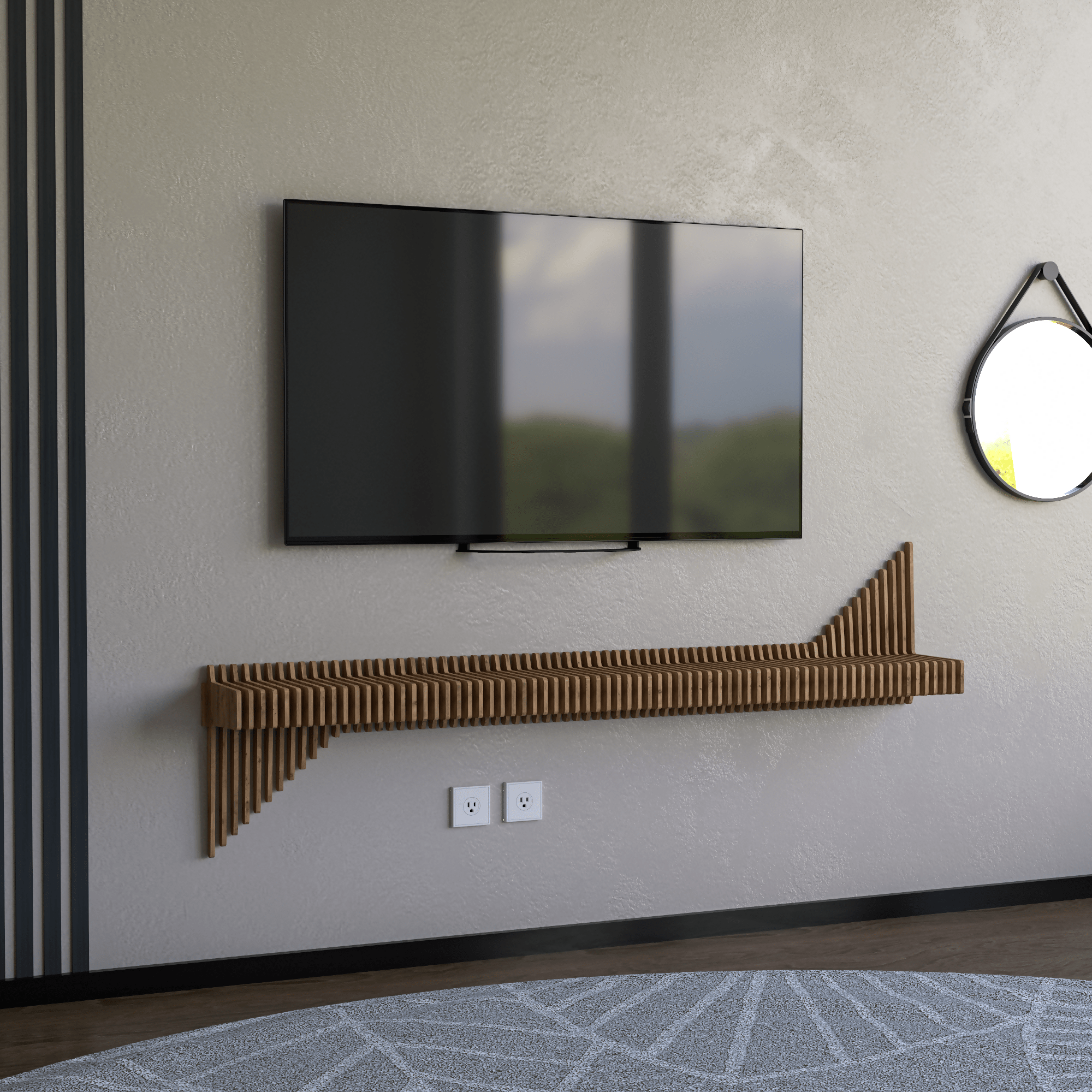 Parametric 65 inch Floating Shelf TV Unit Modern Geometric Wooden Wall Piece Decor Natural Oak Color 3D Wavy Living and Gaming Room Shelf - Wear Sierra