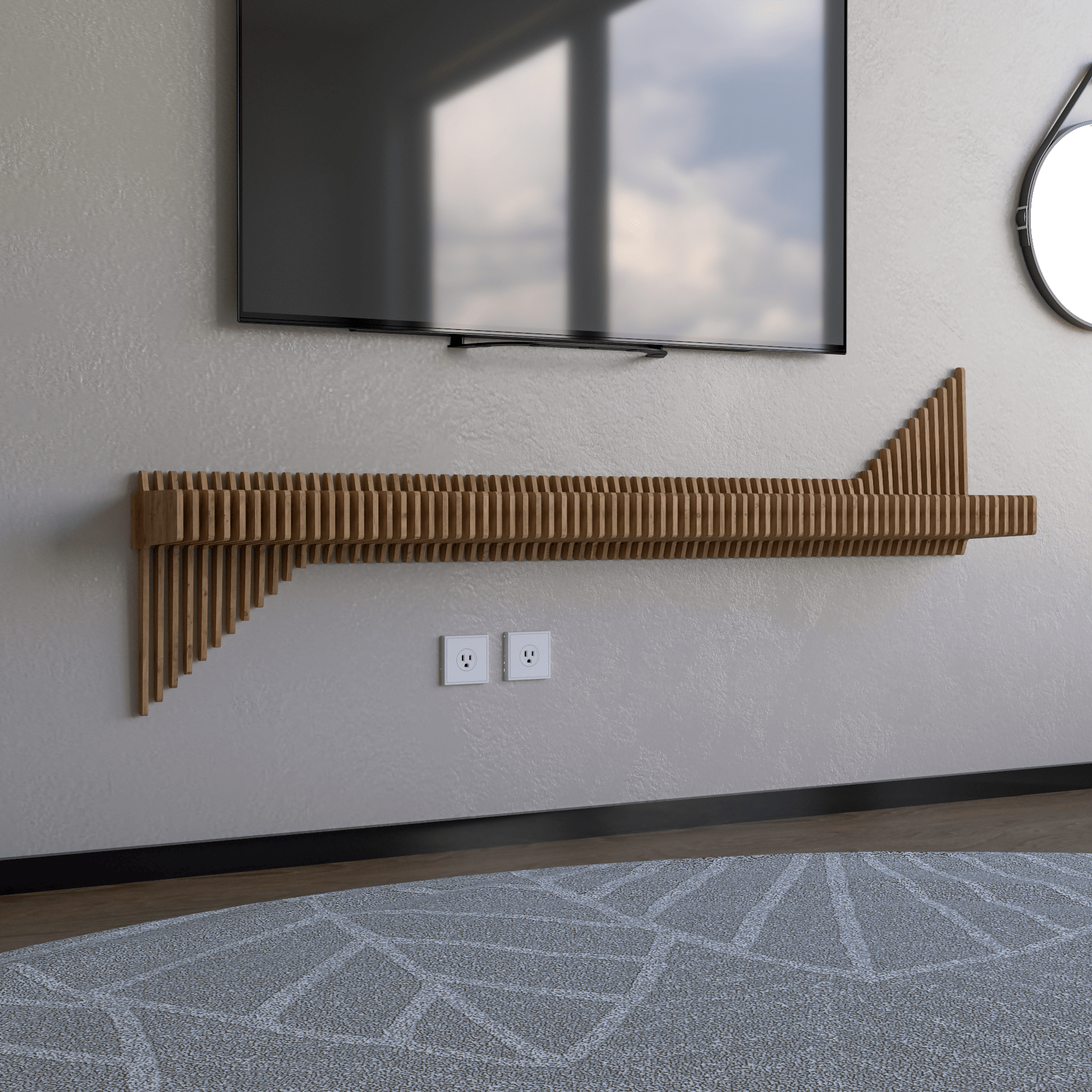 Parametric 65 inch Floating Shelf TV Unit Modern Geometric Wooden Wall Piece Decor Natural Oak Color 3D Wavy Living and Gaming Room Shelf - Wear Sierra