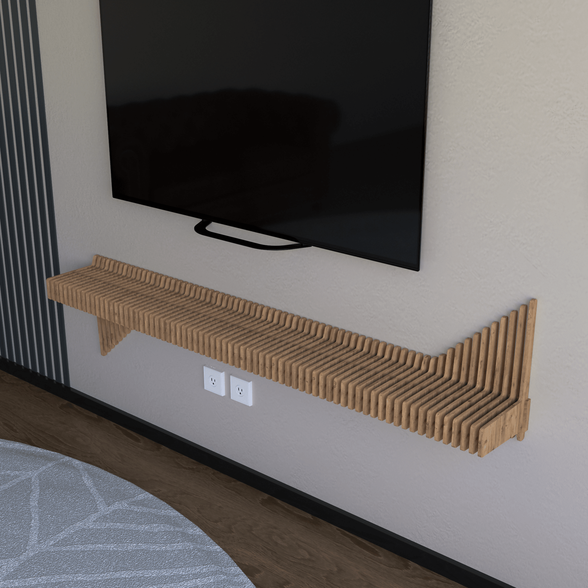 Parametric 65 inch Floating Shelf TV Unit Modern Geometric Wooden Wall Piece Decor Natural Oak Color 3D Wavy Living and Gaming Room Shelf - Wear Sierra