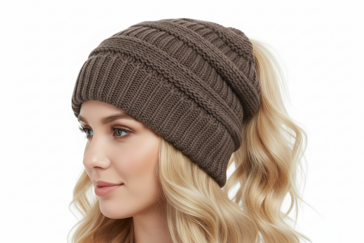 Women's Cable Knit Ponytail Beanie – Warm Winter Hat