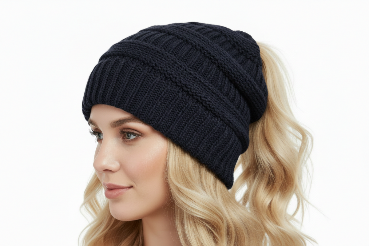 Women's Cable Knit Ponytail Beanie – Warm Winter Hat