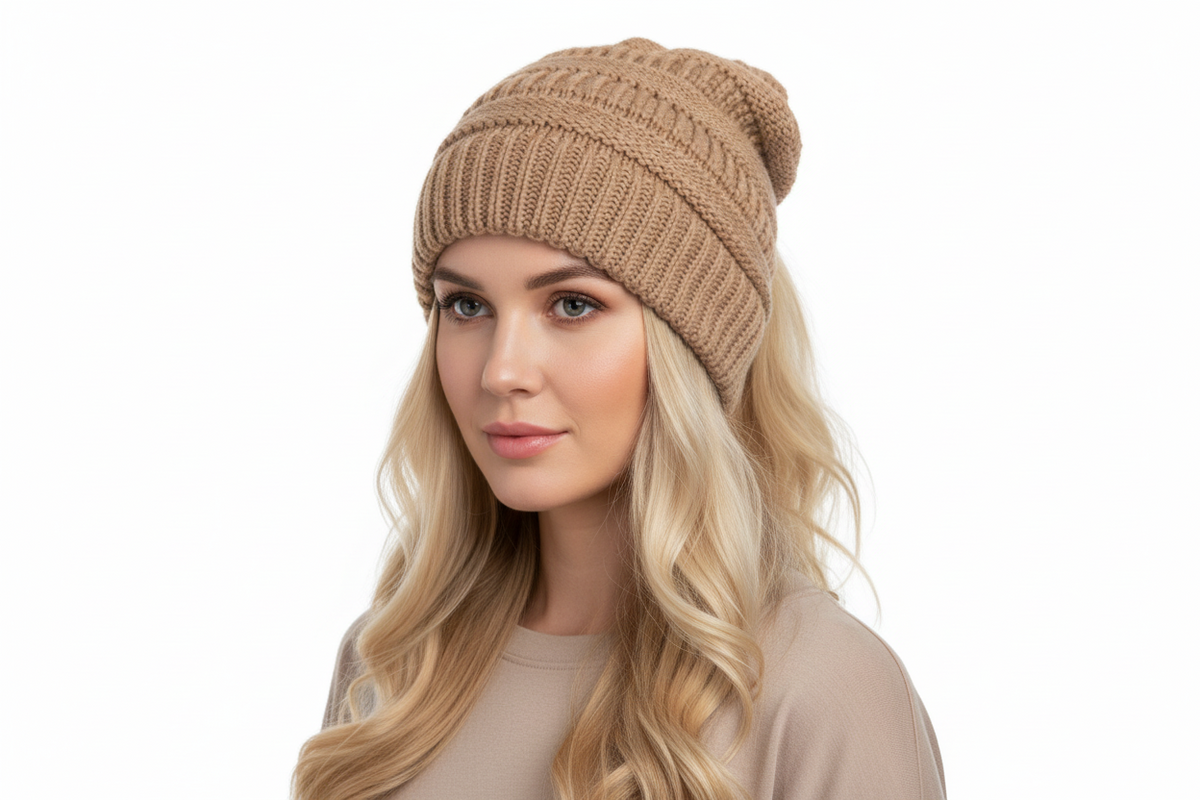 Women's Cable Knit Ponytail Beanie – Warm Winter Hat