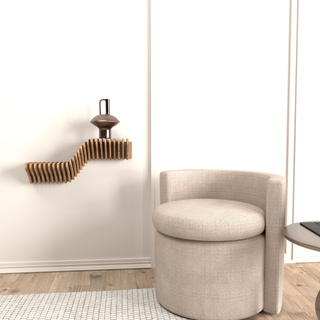 Modern room with wavy shelf.