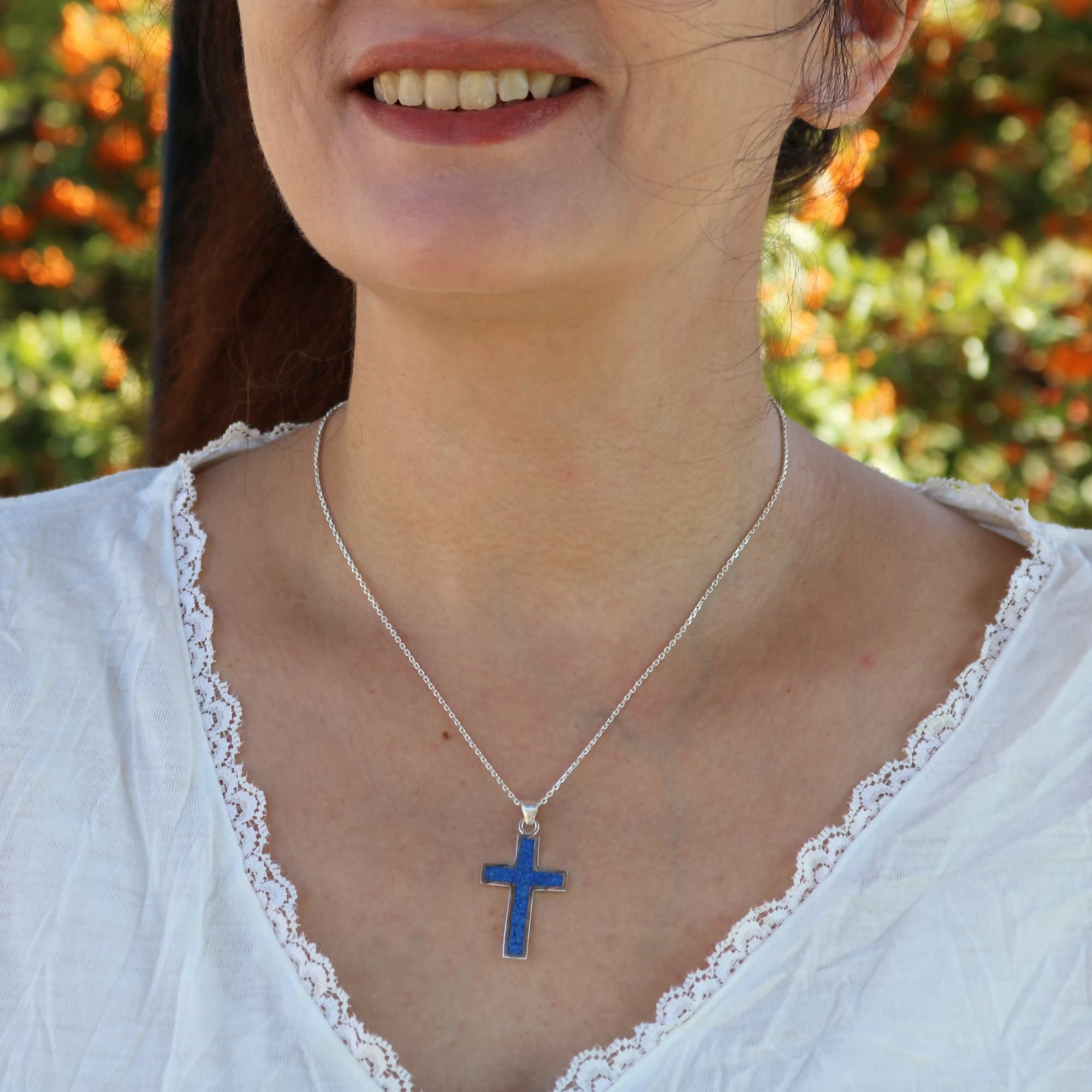Sterling Silver .925 Navy Blue Lapis Lazuli Cross Small Handmade Pendant Necklace for Women & Men with 18+2'' Extender Chain