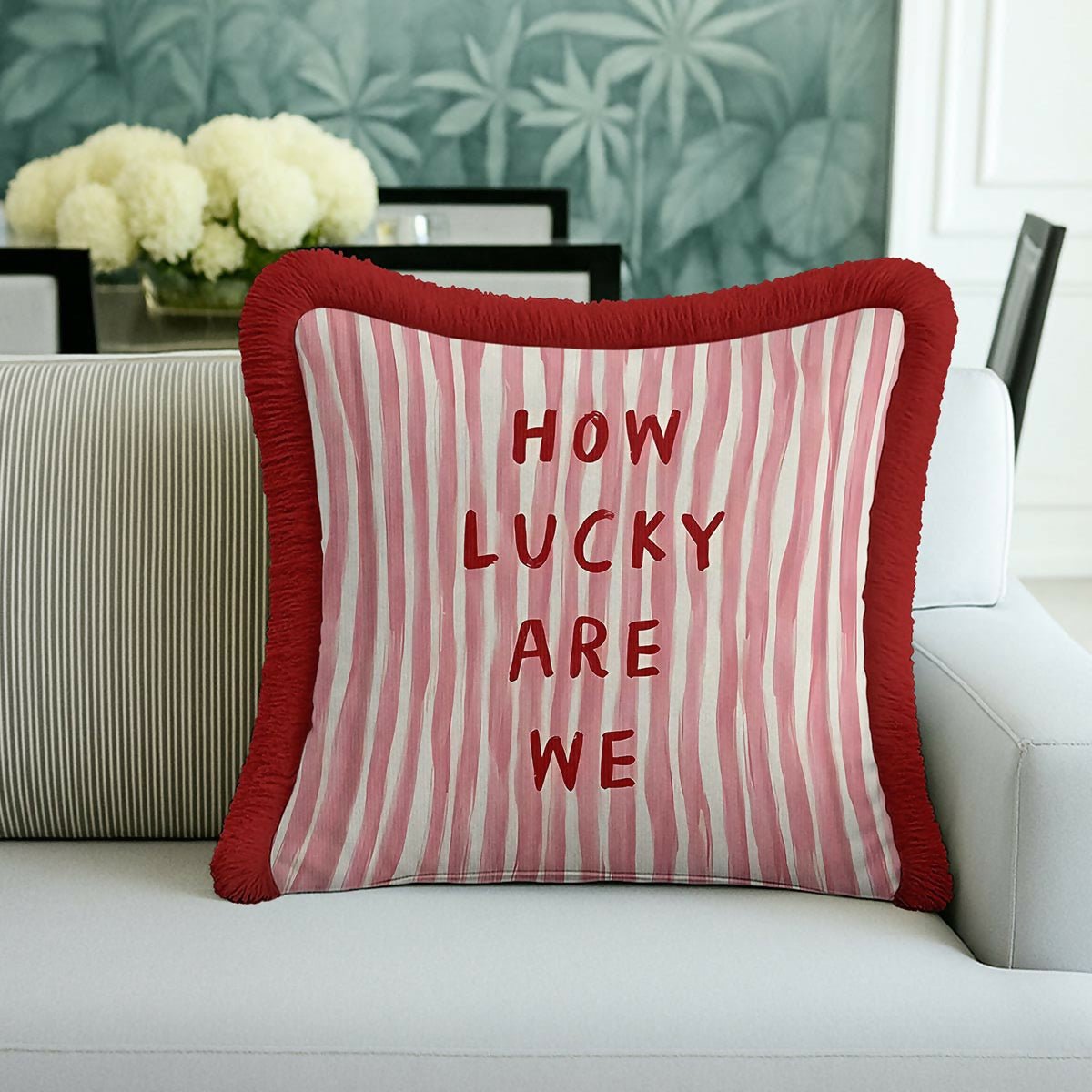 Red and White Striped Fringed Cushion Cover Set of 2 | Modern Tasselled Throw Pillow Cover - Wear Sierra