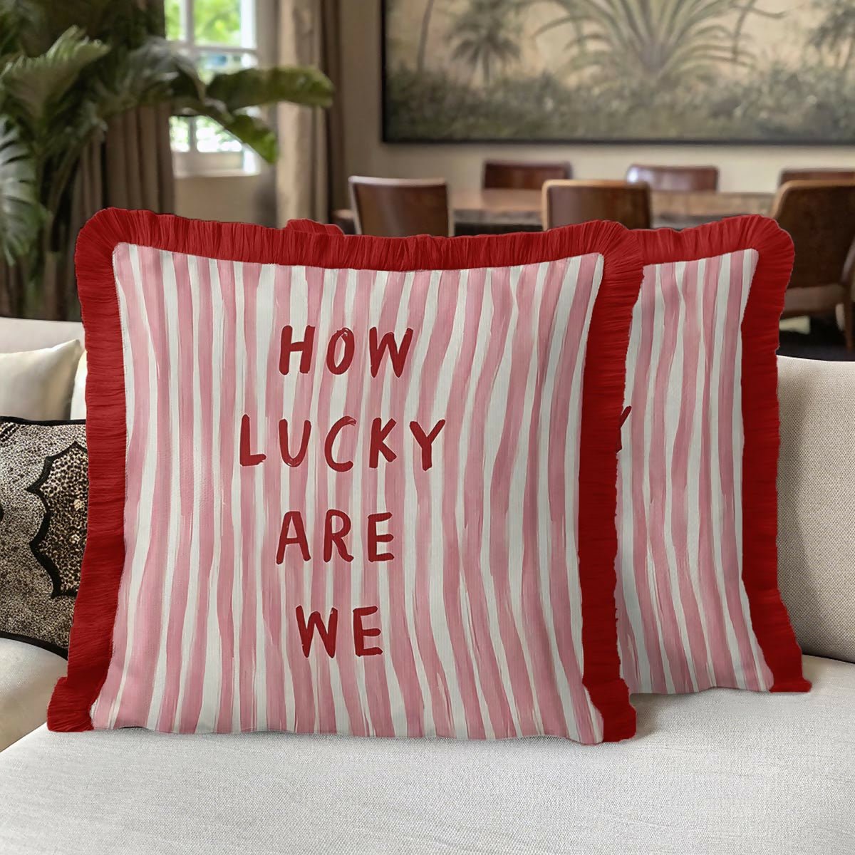 Red and White Striped Fringed Cushion Cover Set of 2 | Modern Tasselled Throw Pillow Cover - Wear Sierra