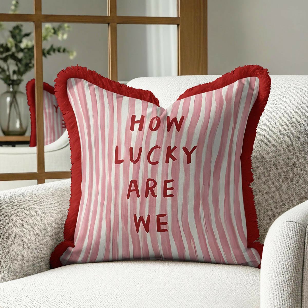 Red and White Striped Fringed Cushion Cover Set of 2 | Modern Tasselled Throw Pillow Cover - Wear Sierra