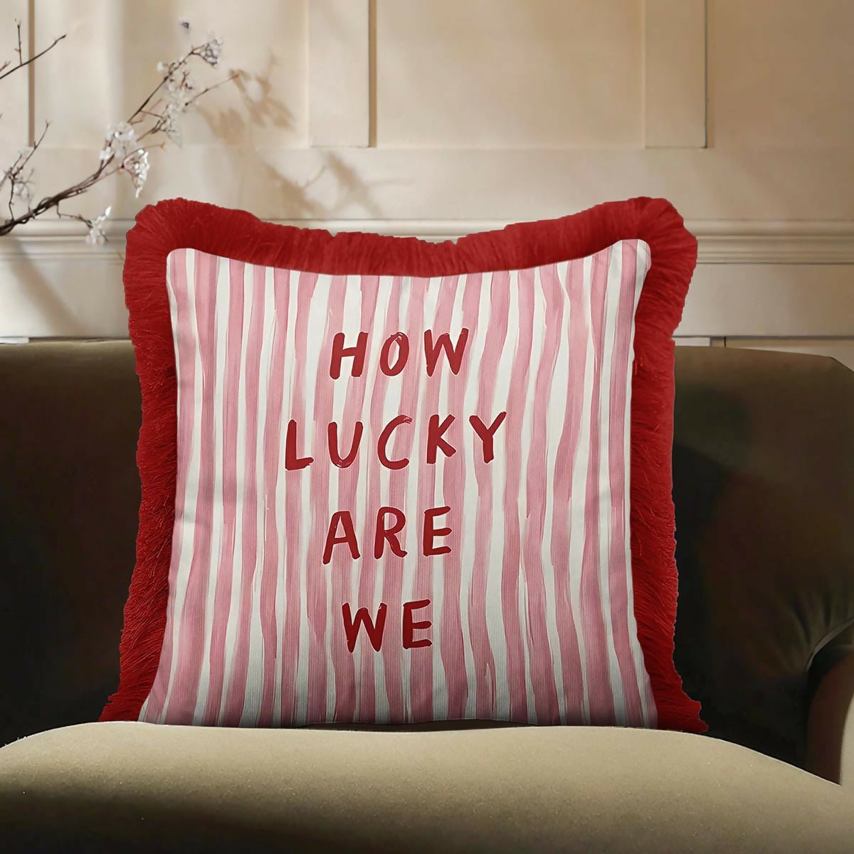 Red and White Striped Fringed Cushion Cover Set of 2 | Modern Tasselled Throw Pillow Cover - Wear Sierra