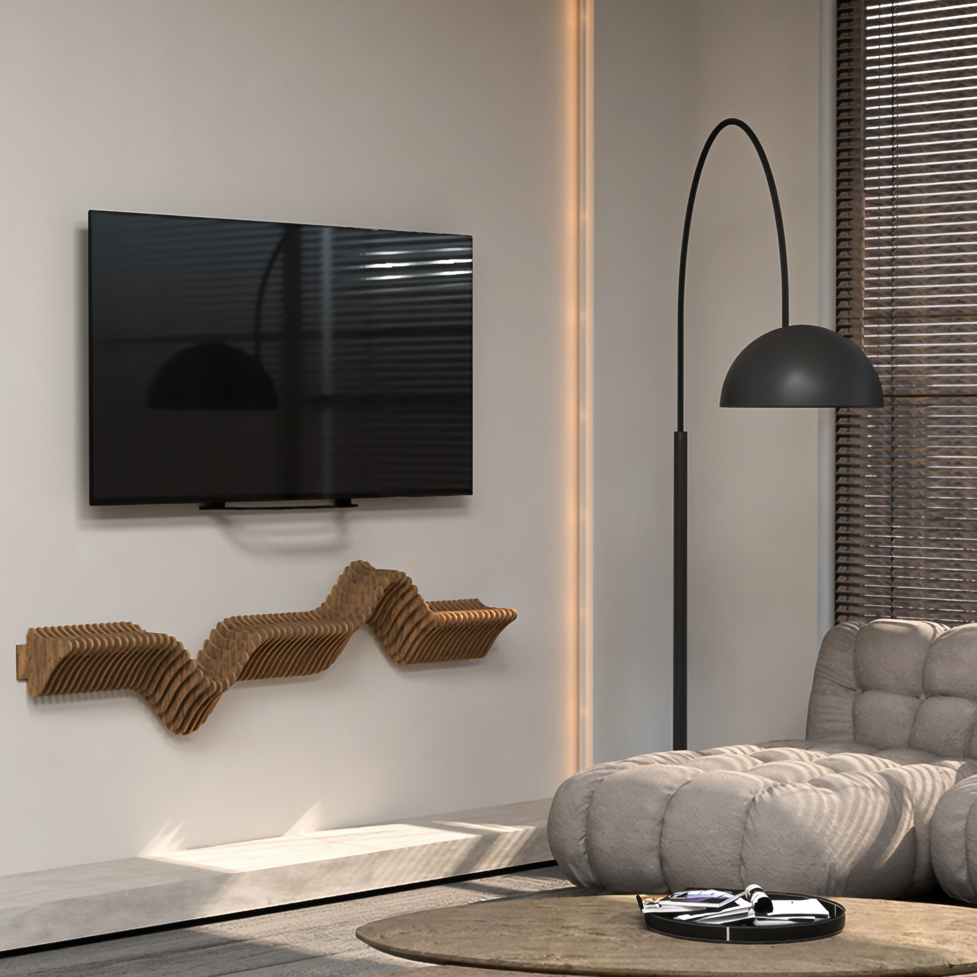Parametric 63" Floating Shelf TV Unit Modern Geometric Wooden Wall Piece Decor Natural Oak Color 3D Wavy Living and Gaming Room Shelf