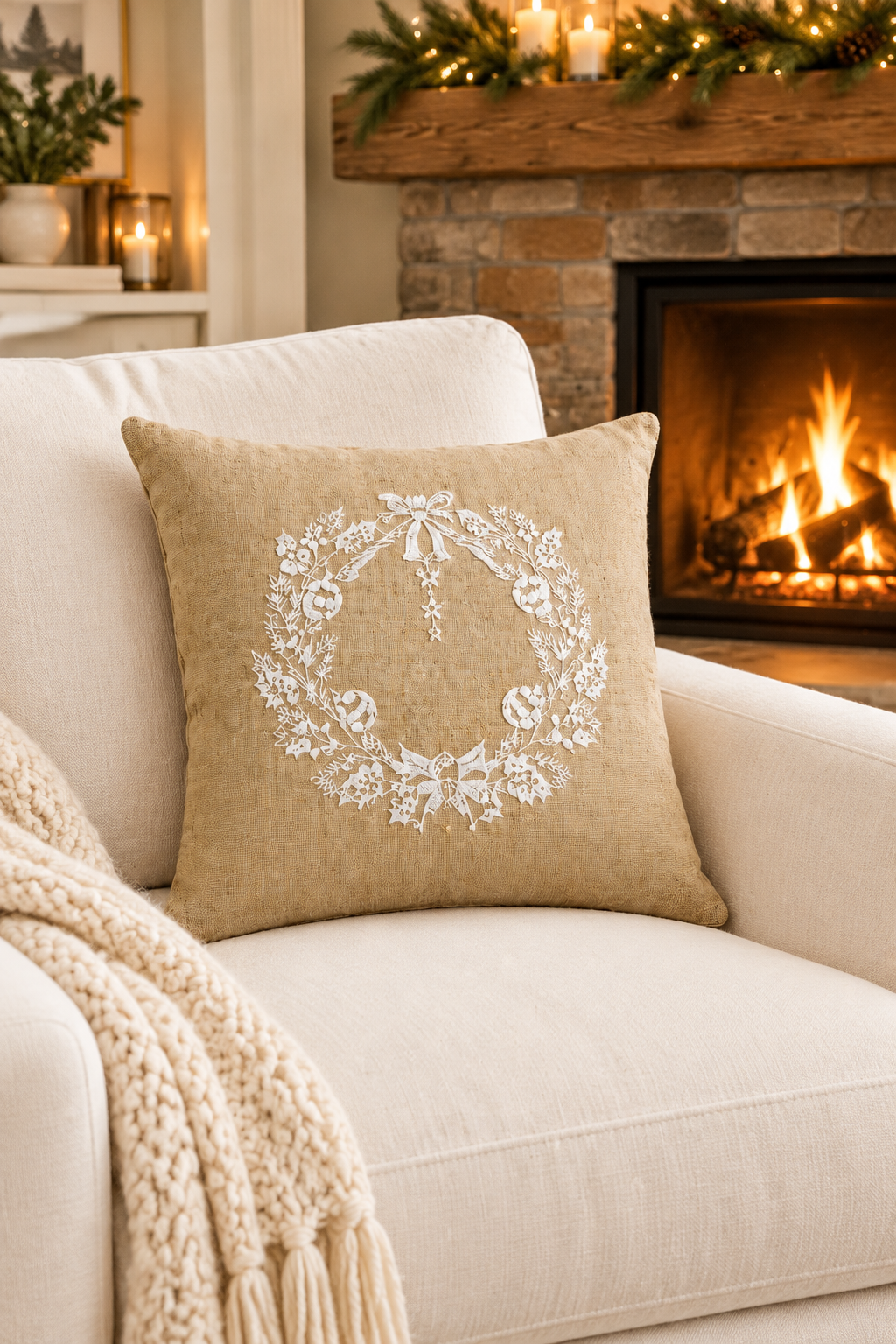 Rustic Bell and Wreath Christmas Pillow Cover