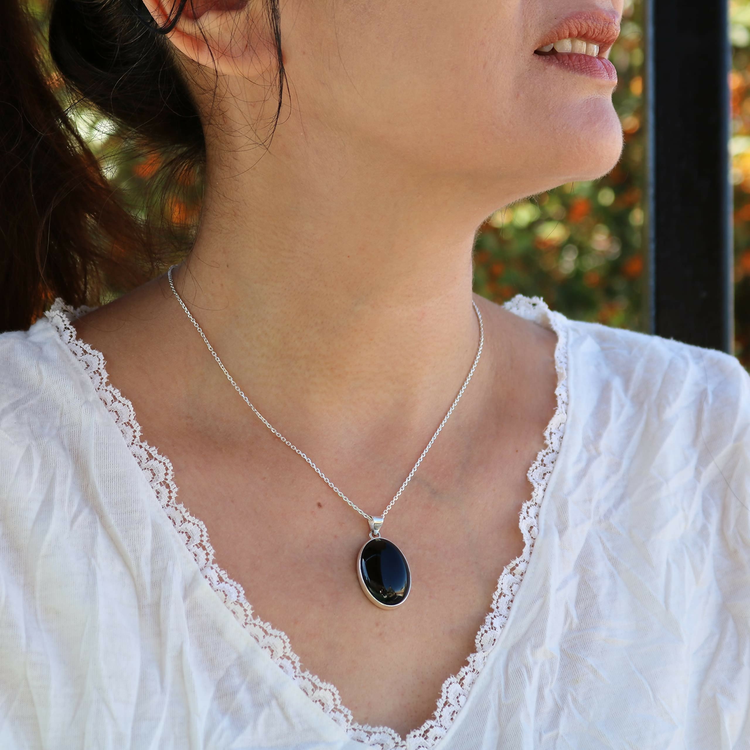 Sterling Silver 925 Oval Black Onyx Handmade Pendant Necklace 18+2'' Chain for Women & Men, 18x25mm