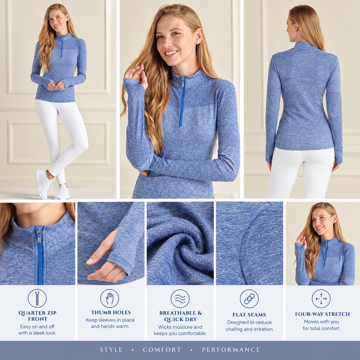 Women's Blue Heathered Quarter-Zip Athletic Pullover with Thumbholes