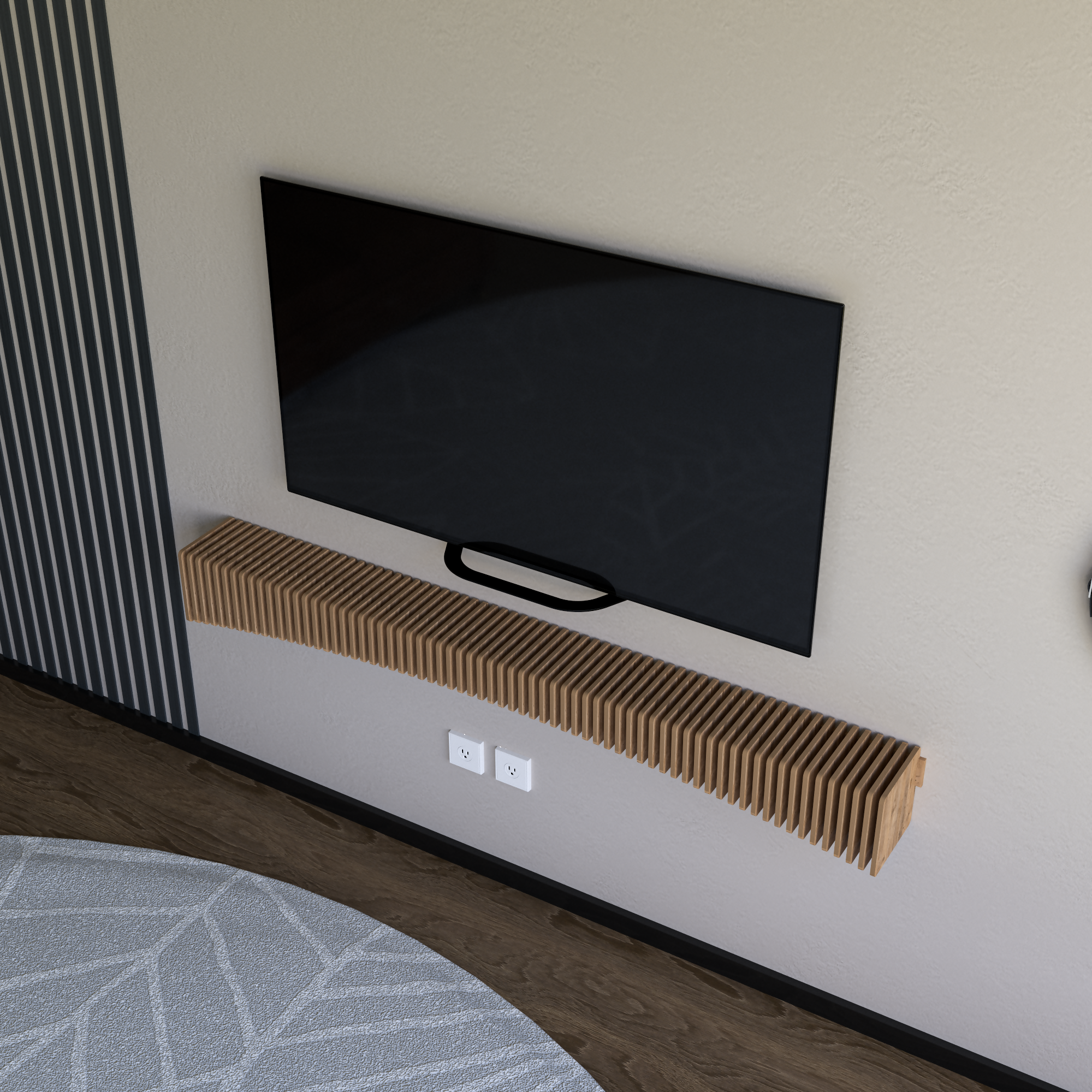 BATAMEX Parametric 60 inch Floating Shelf TV Unit Modern Geometric Wooden Wall Piece Decor Natural Oak Color 3D Wavy Living and Gaming Room Shelf