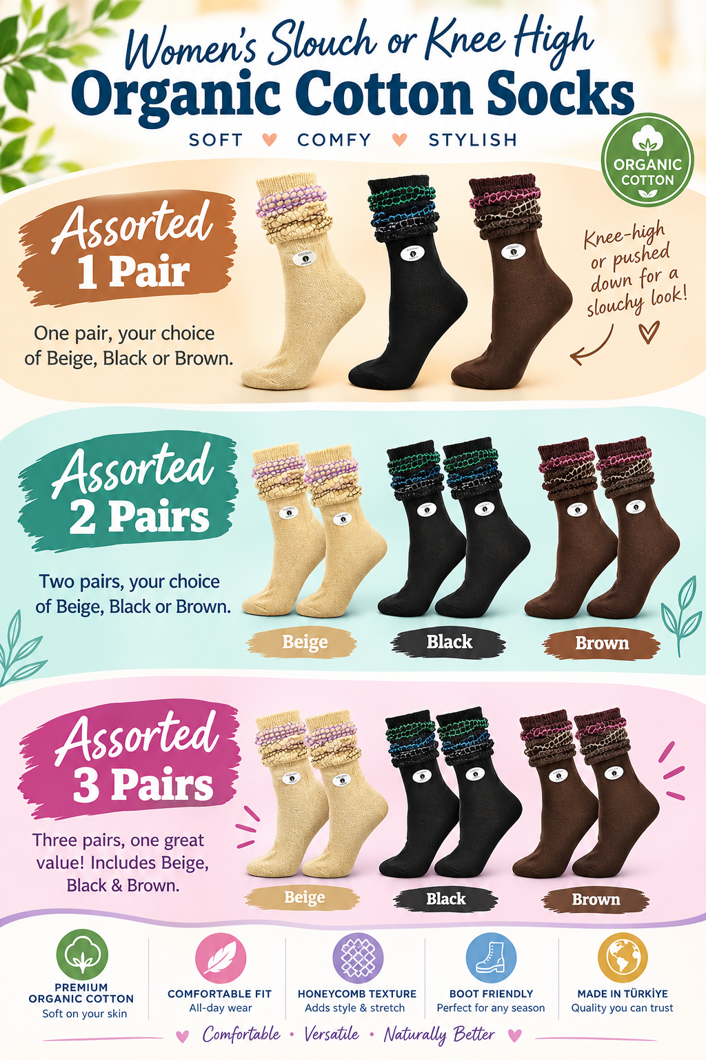 Women’s Organic Cotton Honeycomb Knee High & Slouch Socks – 1, 2 or 3 Pair