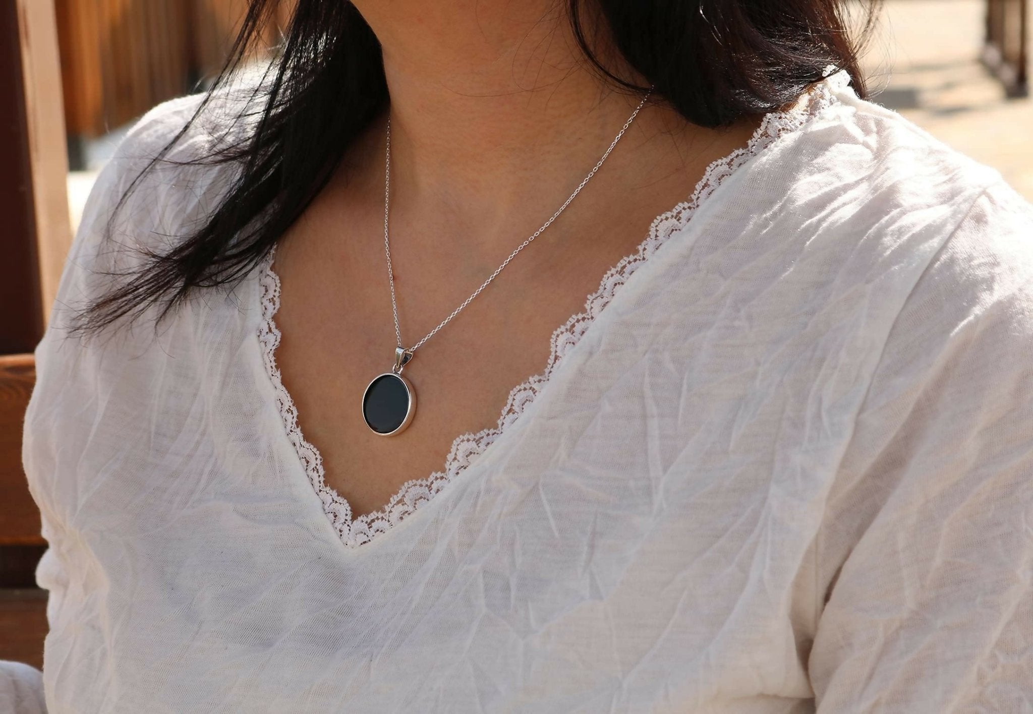Sterling Silver 925 Black Onyx Flat 20mm Round Handmade Pendant Necklace, 16+2'' Chain for Women - Wear Sierra