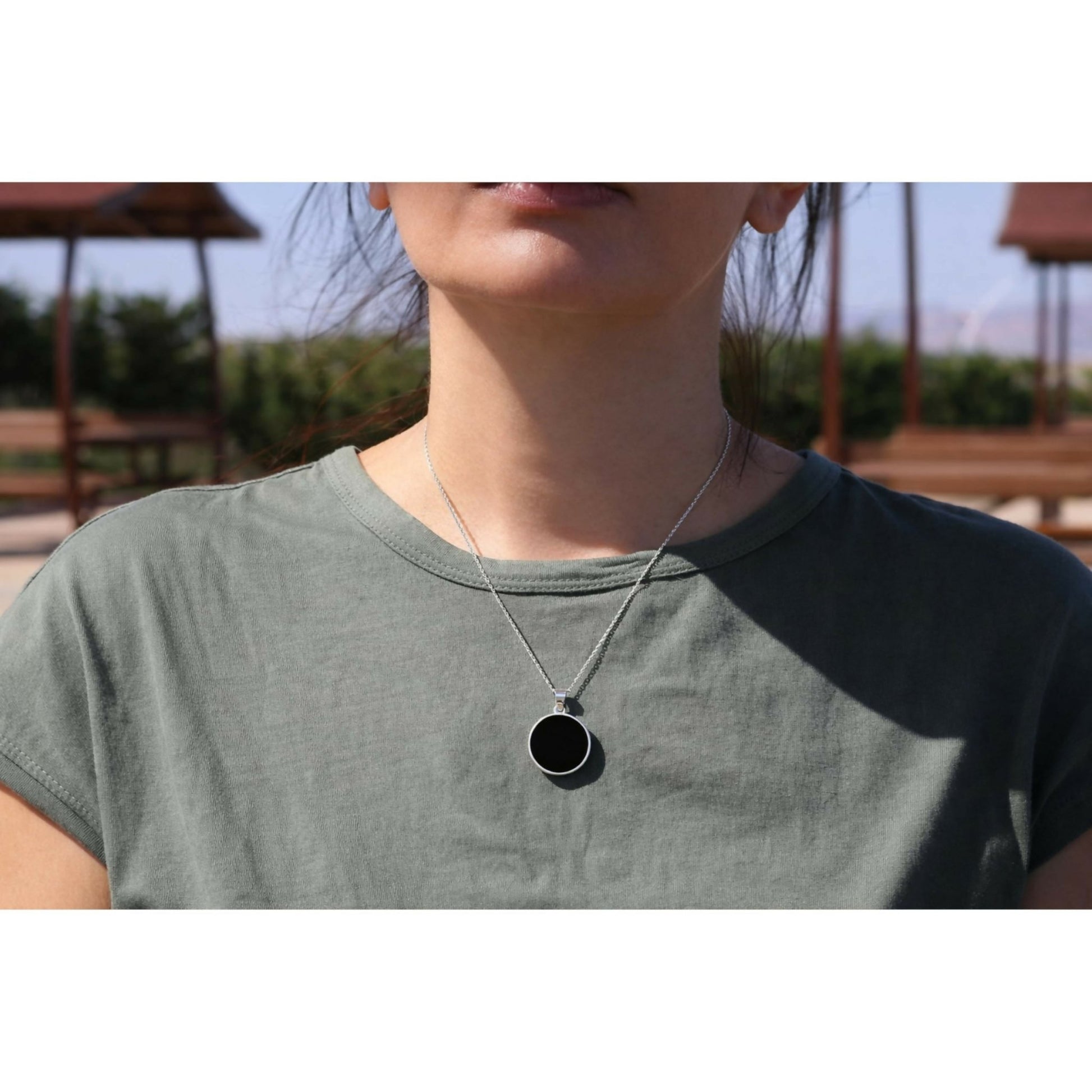 Sterling Silver 925 Black Onyx Flat 20mm Round Handmade Pendant Necklace, 16+2'' Chain for Women - Wear Sierra