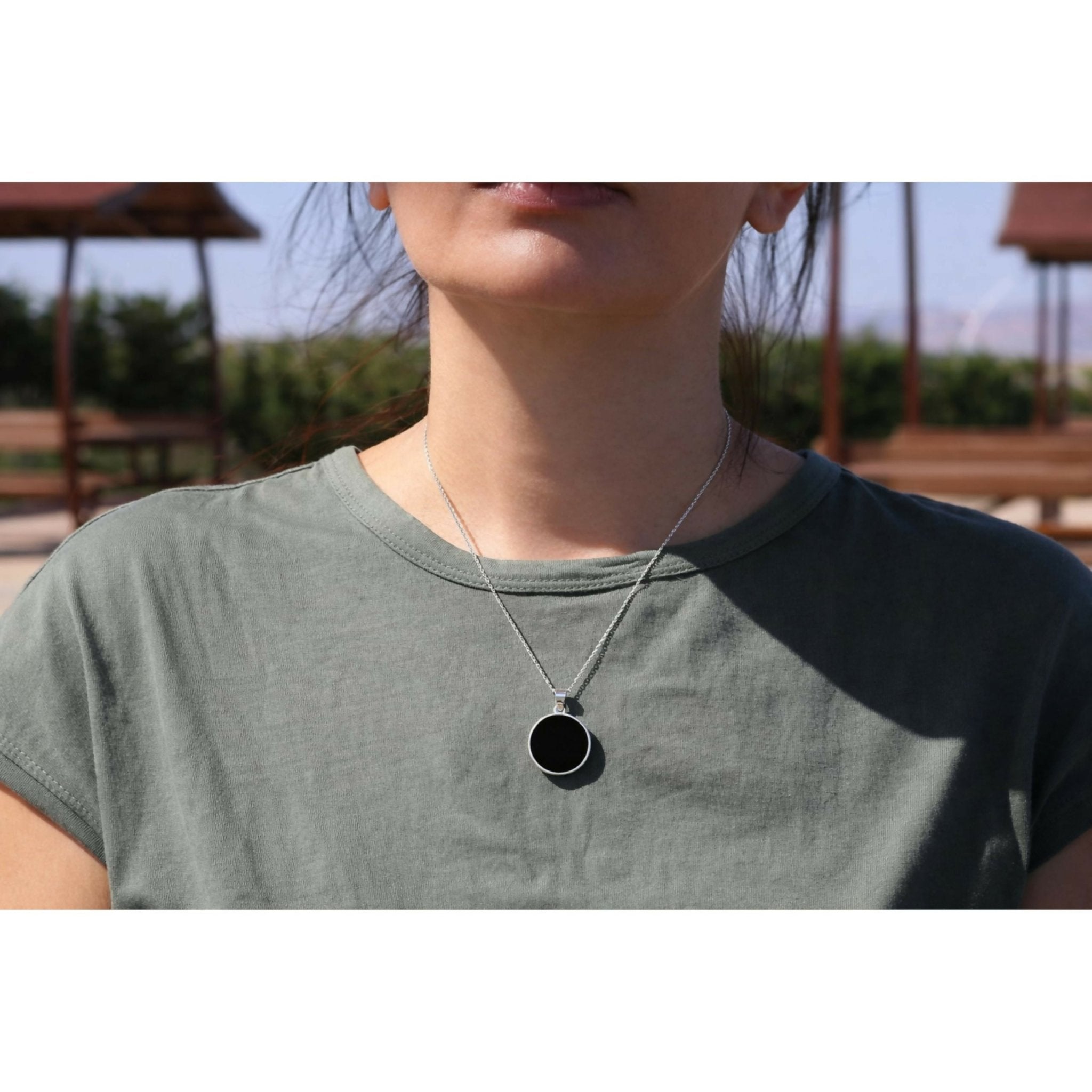 Sterling Silver 925 Black Onyx Flat 20mm Round Handmade Pendant Necklace, 16+2'' Chain for Women - Wear Sierra