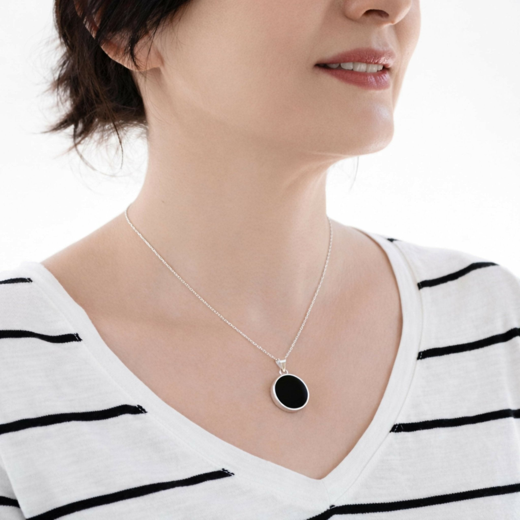 Sterling Silver 925 Black Onyx Flat 20mm Round Handmade Pendant Necklace, 16+2'' Chain for Women - Wear Sierra