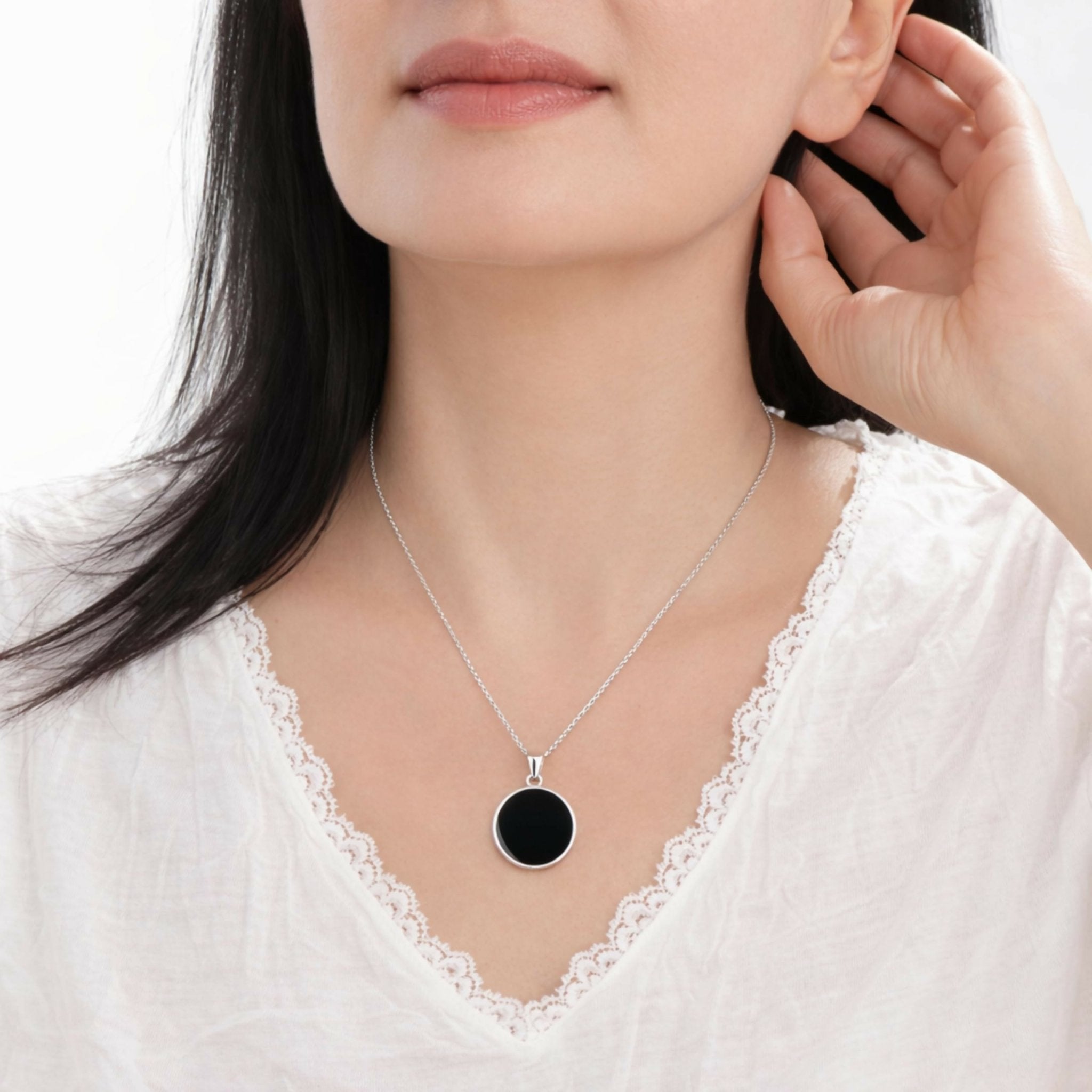 Sterling Silver 925 Black Onyx Flat 20mm Round Handmade Pendant Necklace, 16+2'' Chain for Women - Wear Sierra