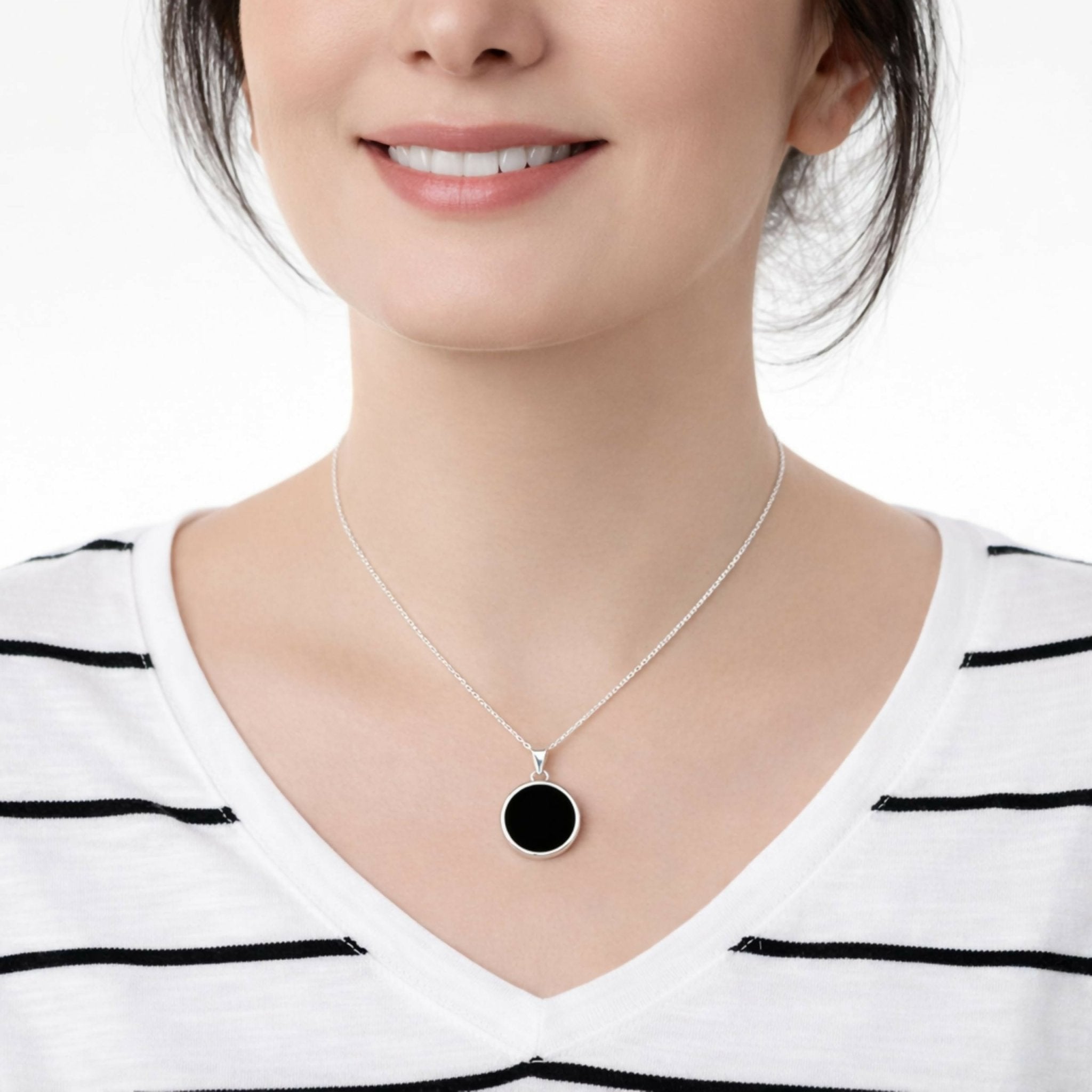 Sterling Silver 925 Black Onyx Flat 20mm Round Handmade Pendant Necklace, 16+2'' Chain for Women - Wear Sierra