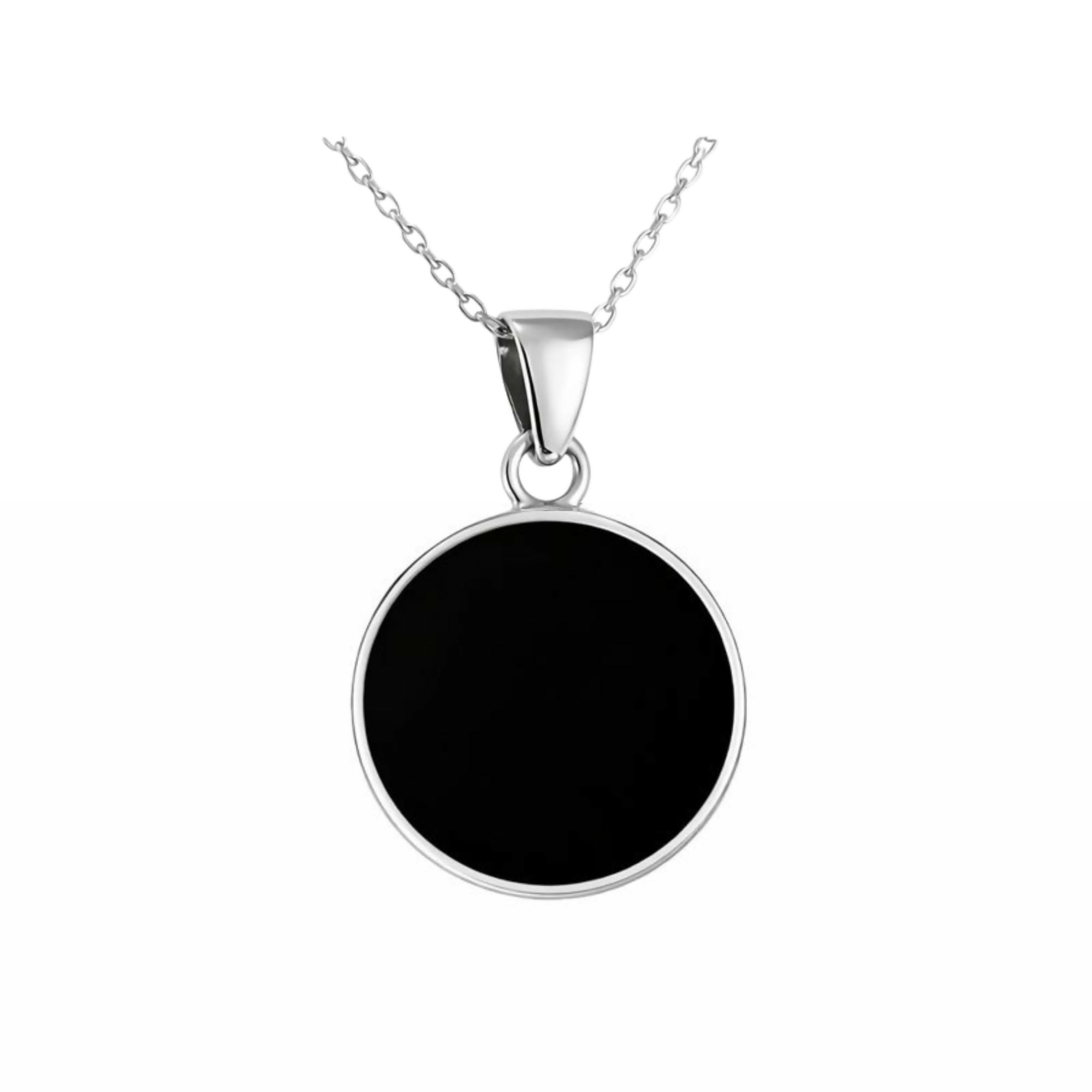 Sterling Silver 925 Black Onyx Flat 20mm Round Handmade Pendant Necklace, 16+2'' Chain for Women - Wear Sierra