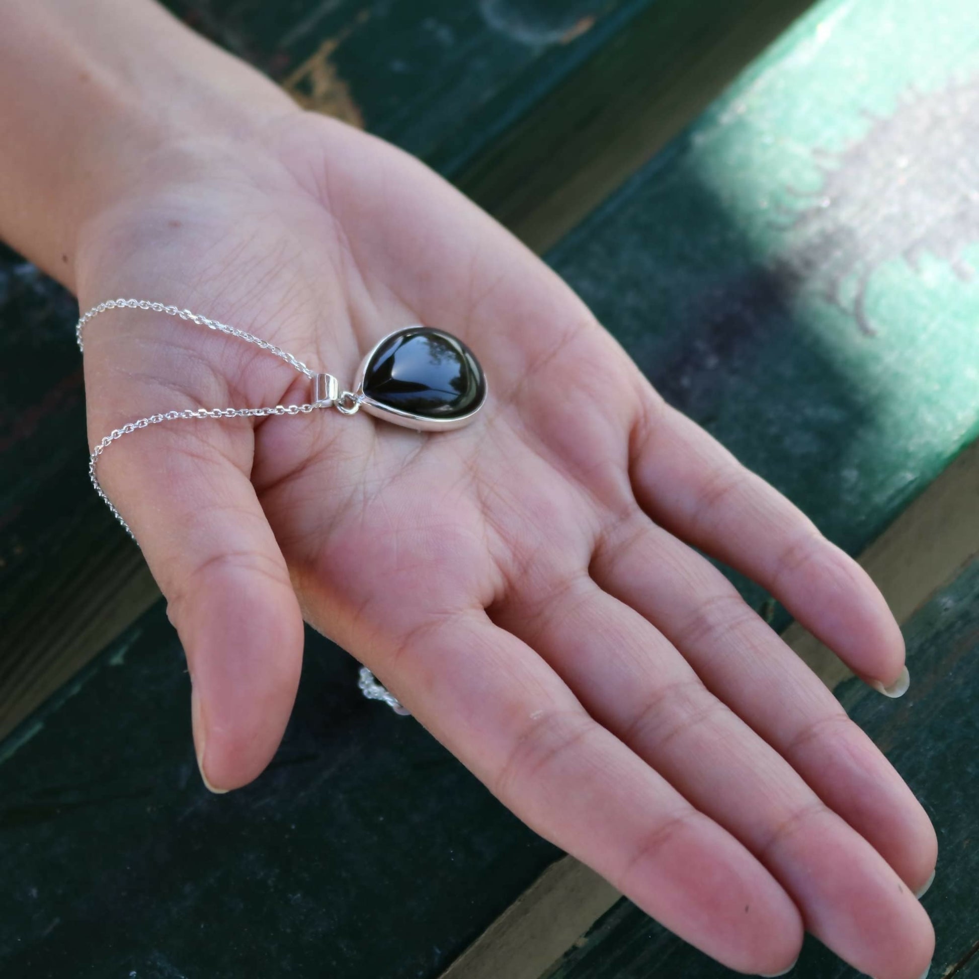 Sterling Silver 925 Black Onyx Teardrop Handmade Pendant Necklace 16+2'' Chain, 18x25mm - Wear Sierra