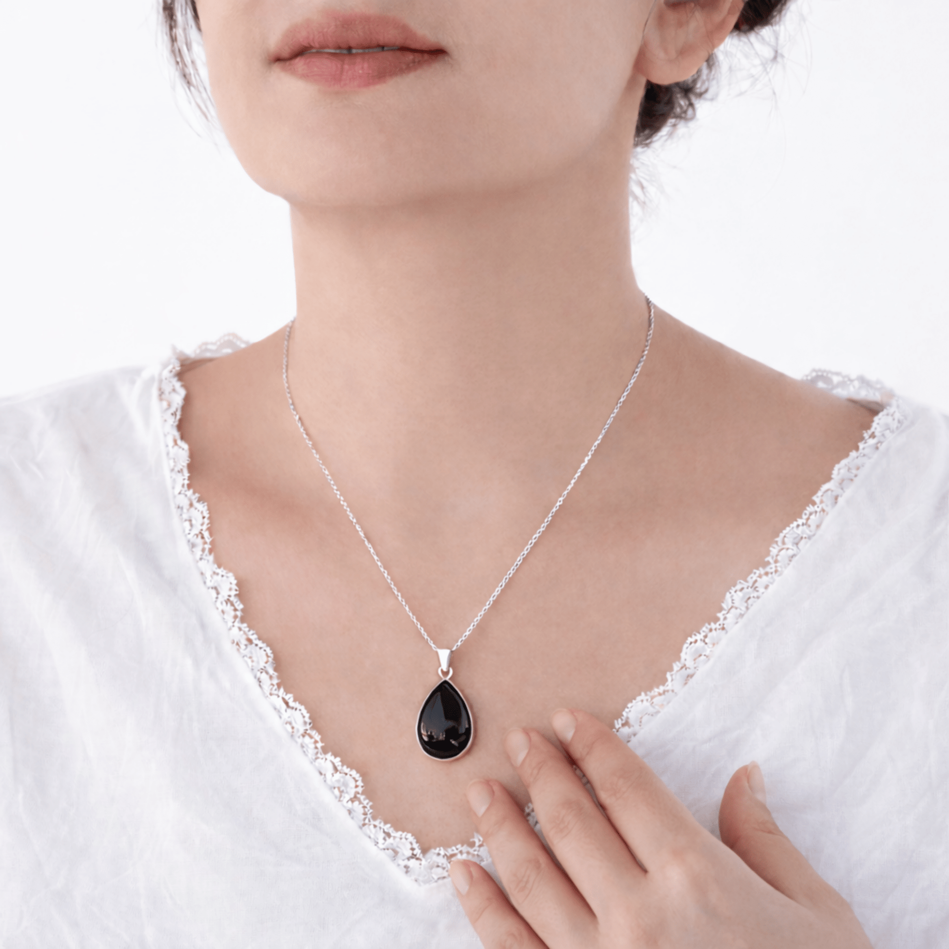 Sterling Silver 925 Black Onyx Teardrop Handmade Pendant Necklace 16+2'' Chain, 18x25mm - Wear Sierra