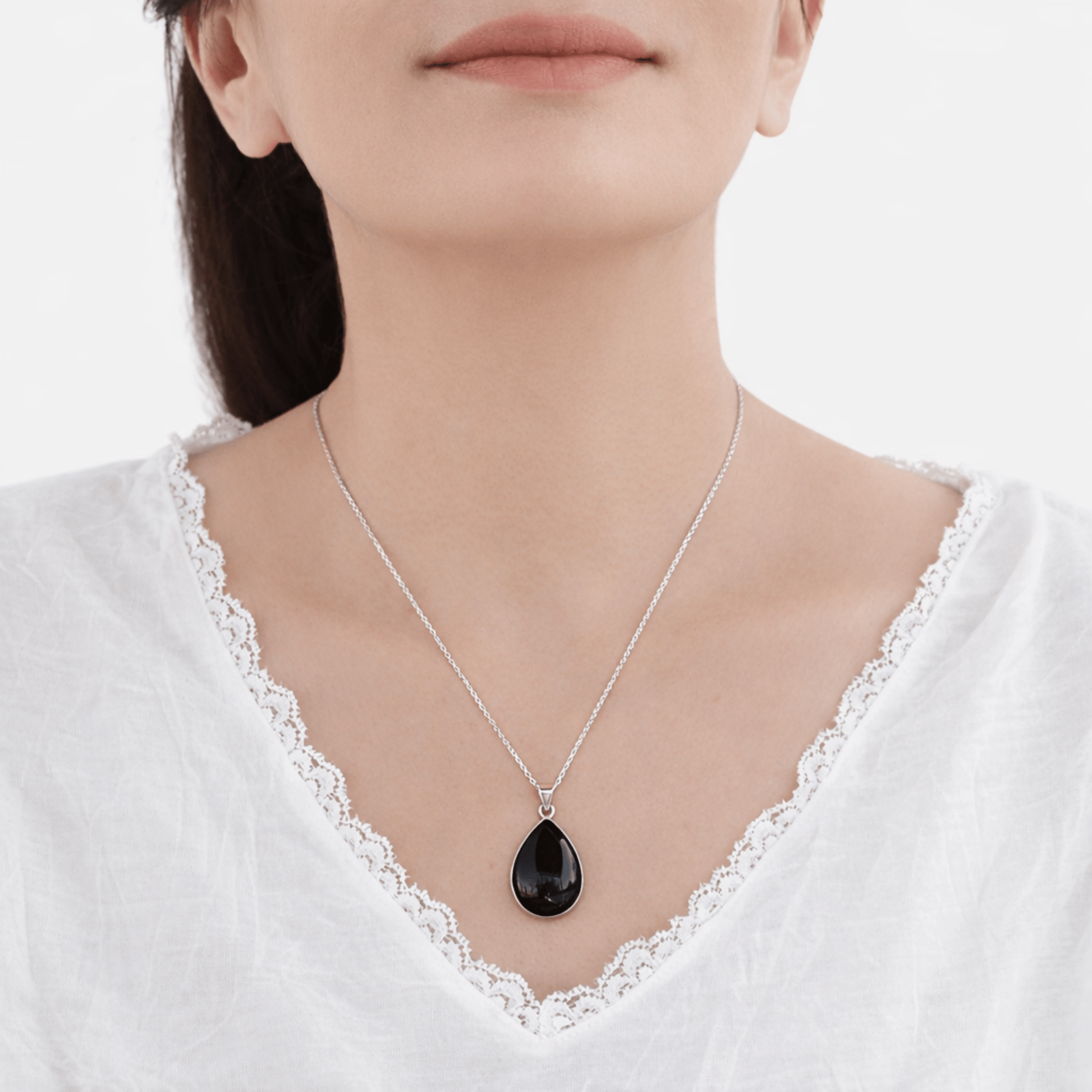 Sterling Silver 925 Black Onyx Teardrop Handmade Pendant Necklace 16+2'' Chain, 18x25mm - Wear Sierra